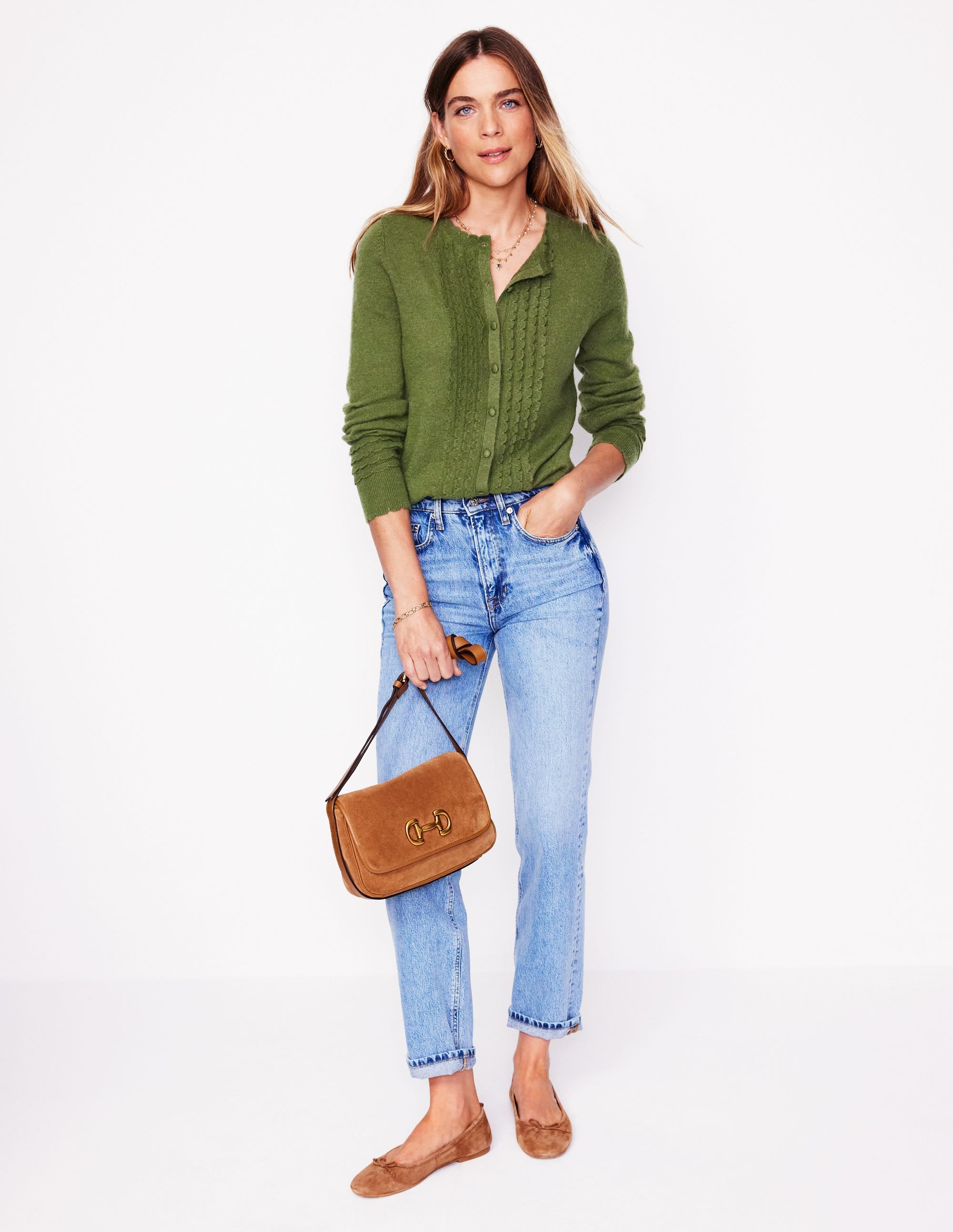 Strickjacke mit Muschelsaum an den Ärmeln-Oreganogrün - Image 4