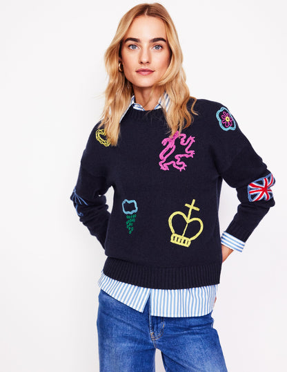 Natalie Embroidered Jumper-Navy, British Icons