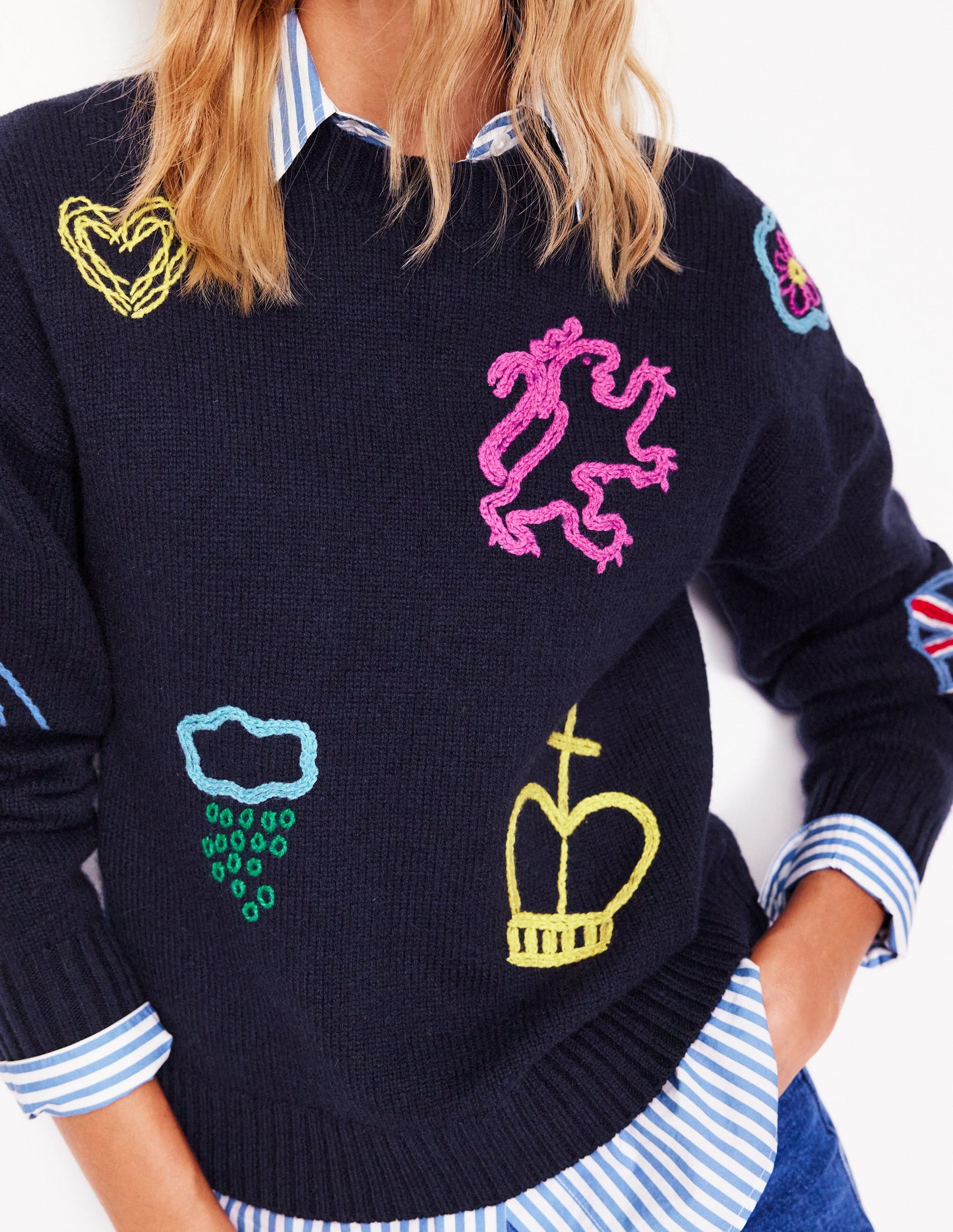 Natalie Embroidered Jumper-Navy, British Icons