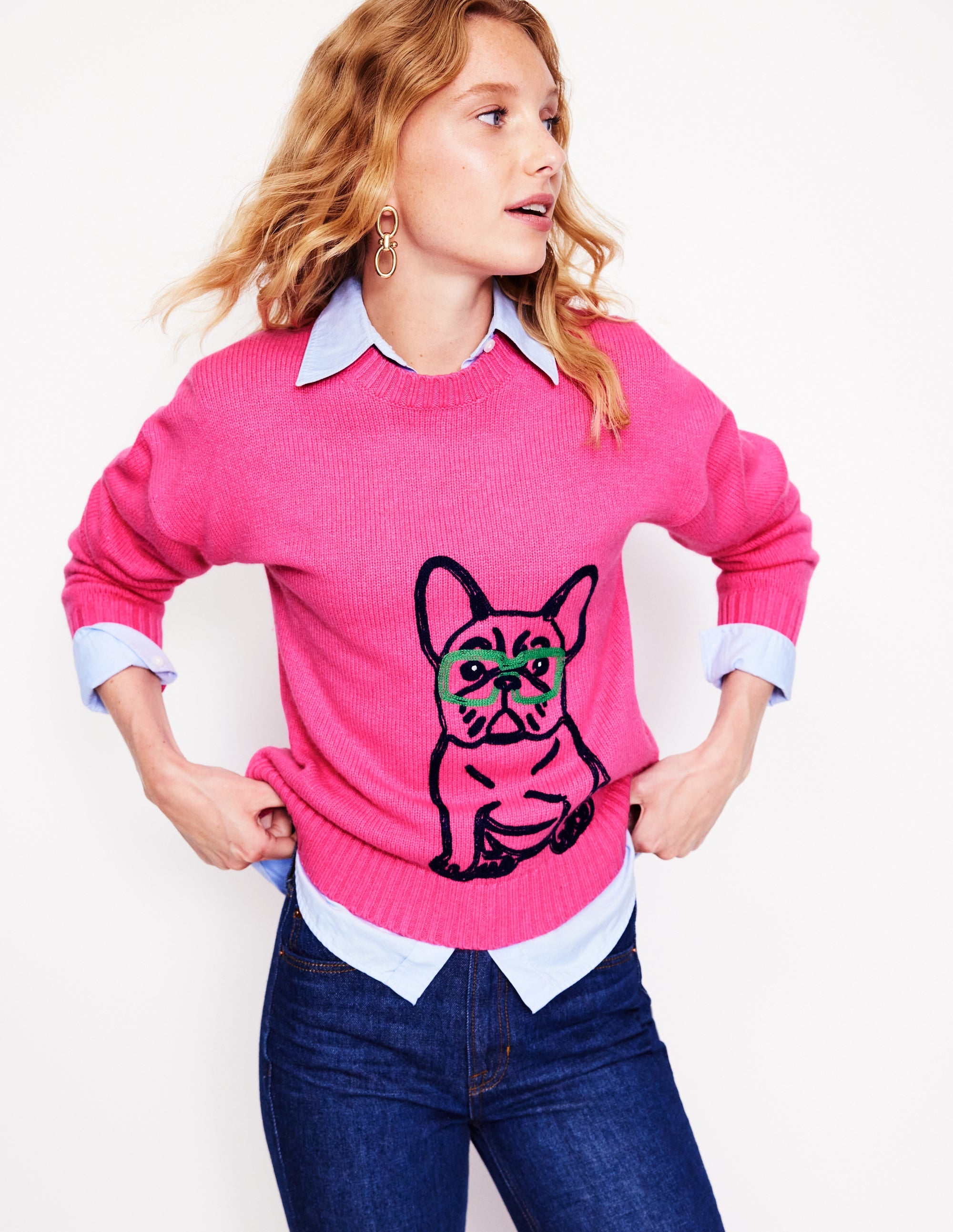 Natalie Pullover mit Stickerei-Festliches Rosa, Bulldogge - Image 1