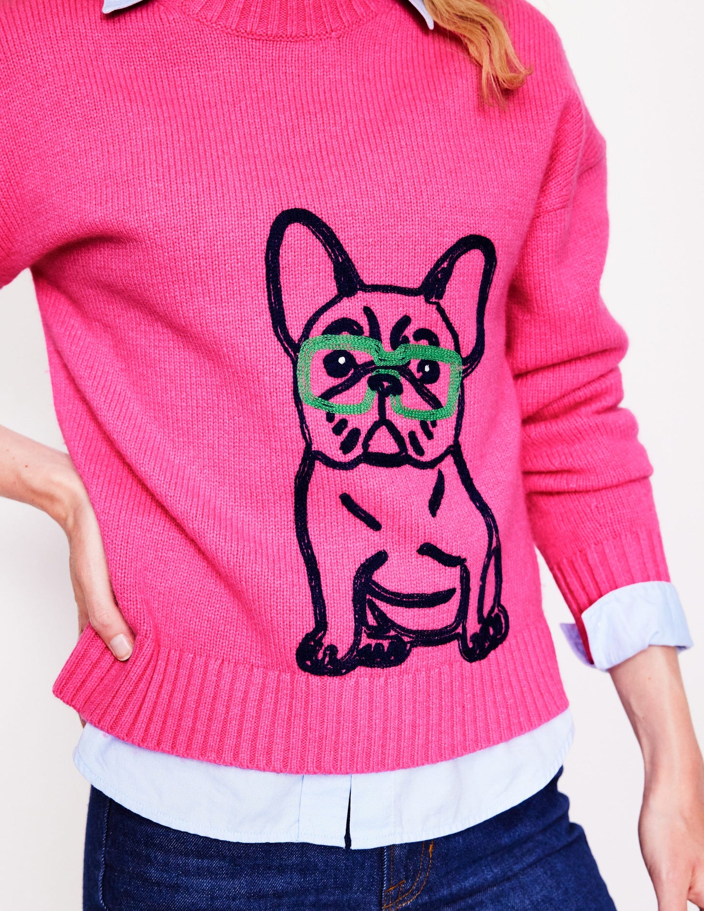 Natalie Pullover mit Stickerei-Festliches Rosa, Bulldogge