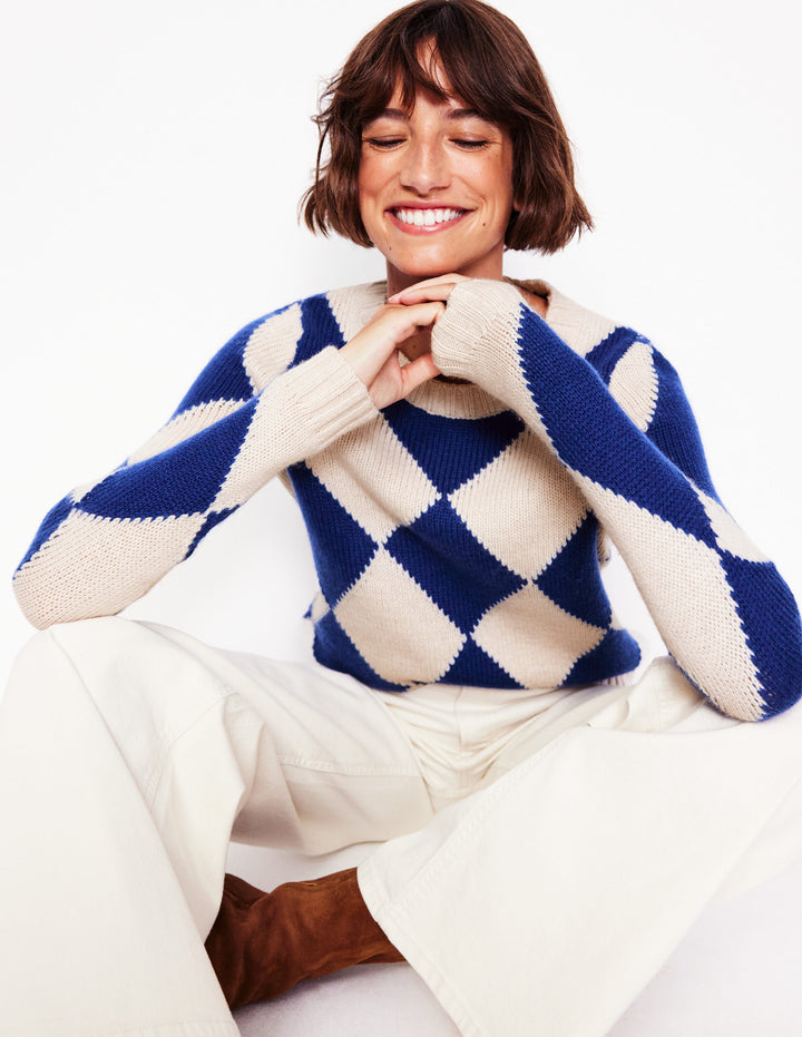 Pull col rond à motif argyle-Écru chiné, bleu vif