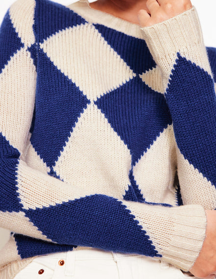 Argyle-Pullover mit Rundhalsausschnitt-Beige Meliert, Leuchtendes Blau
