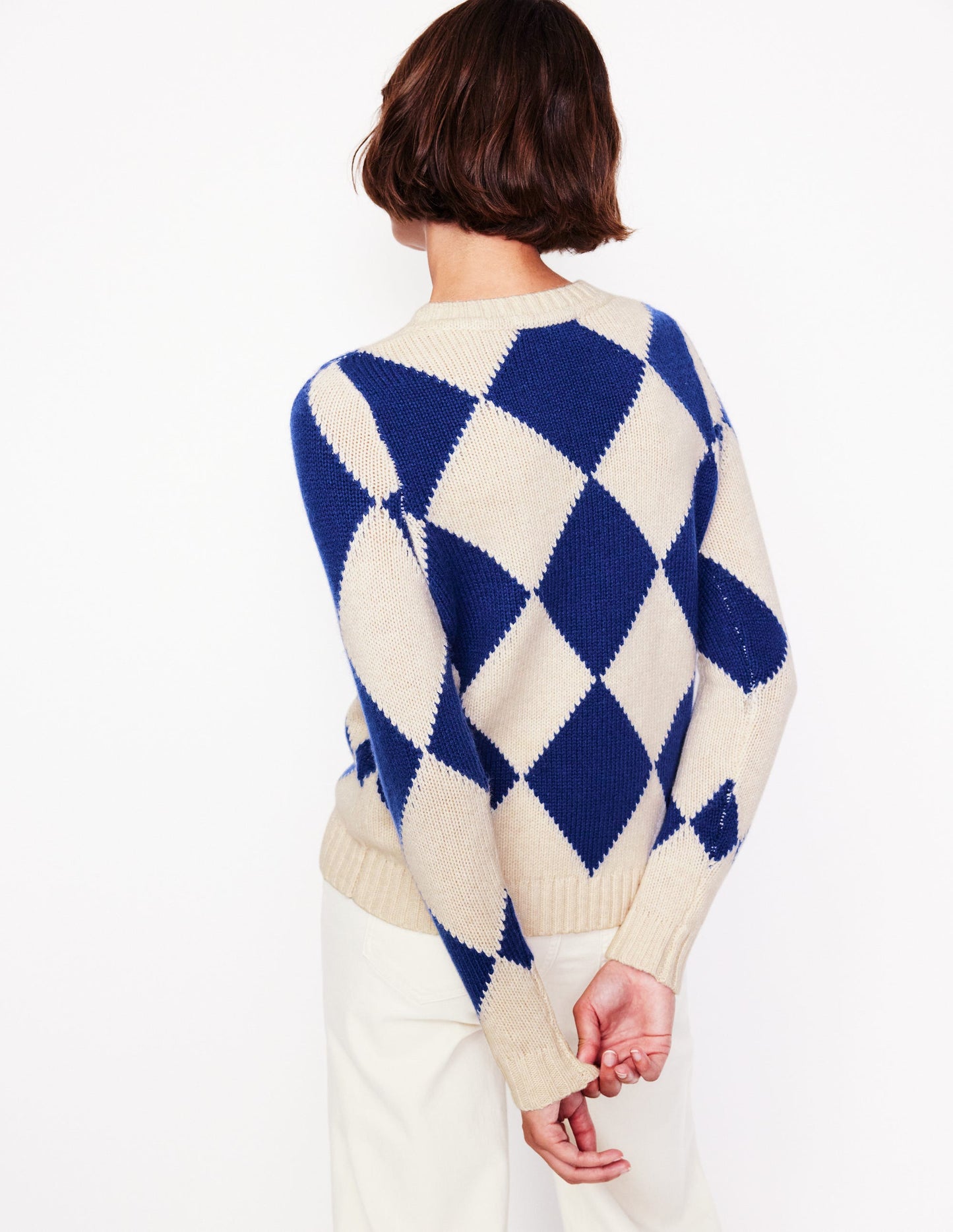 Argyle-Pullover mit Rundhalsausschnitt-Beige Meliert, Leuchtendes Blau