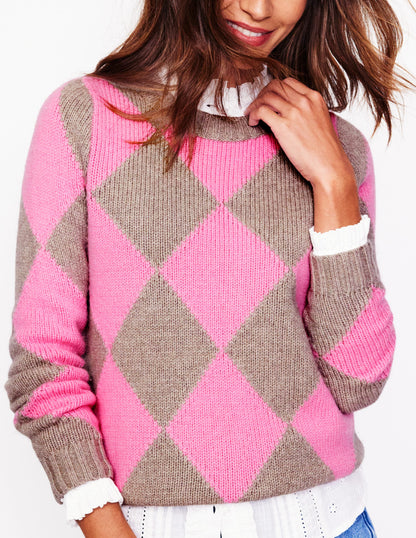 Argyle-Pullover mit Rundhalsausschnitt-Nerz Meliert, Rosa