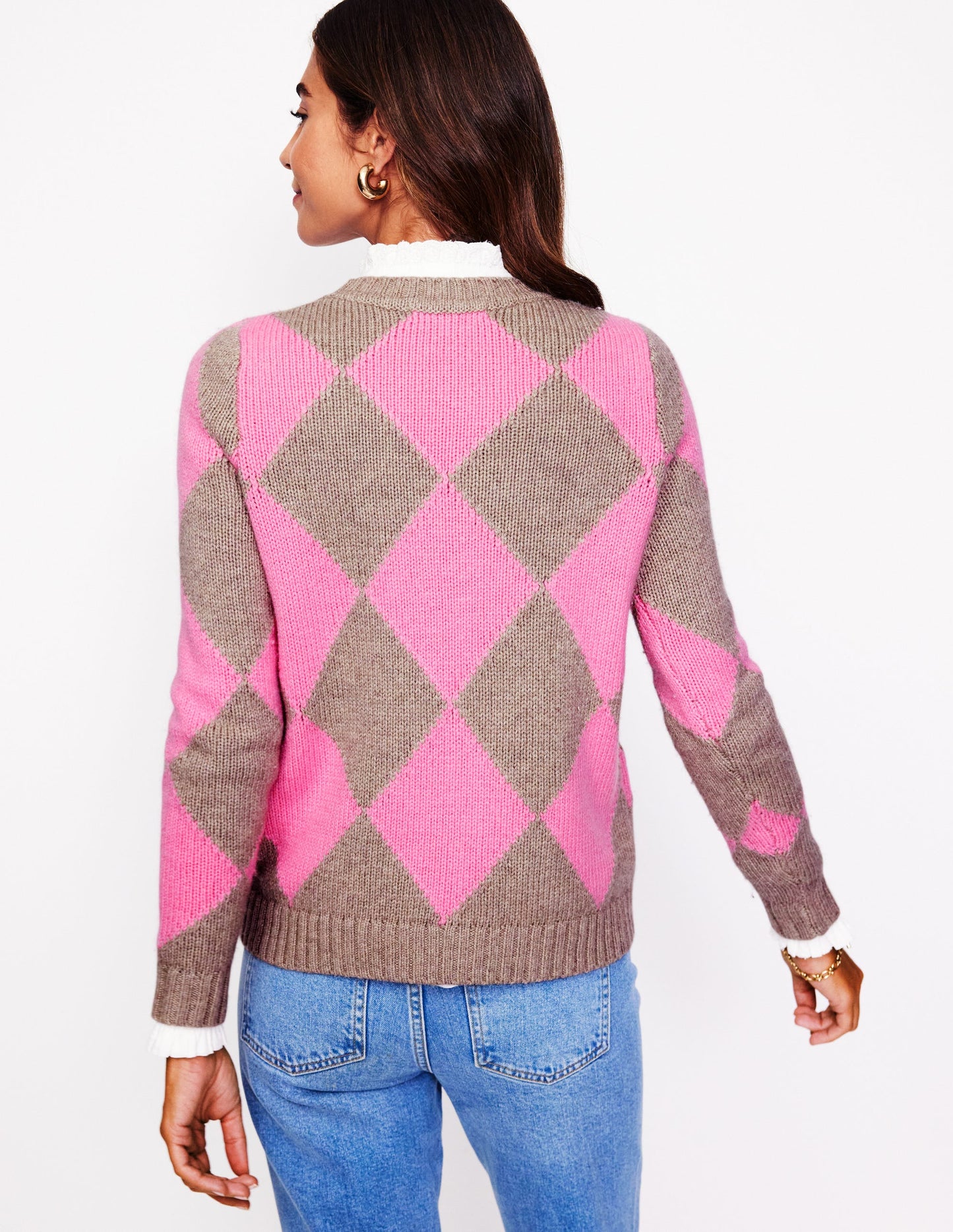 Argyle-Pullover mit Rundhalsausschnitt-Nerz Meliert, Rosa