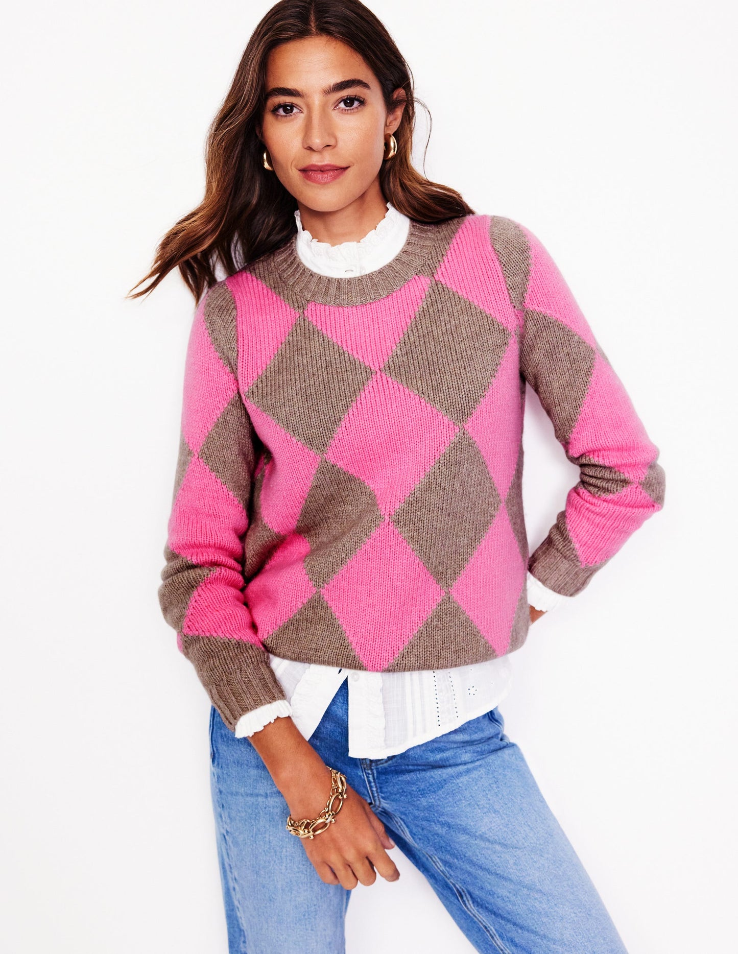 Argyle-Pullover mit Rundhalsausschnitt-Nerz Meliert, Rosa