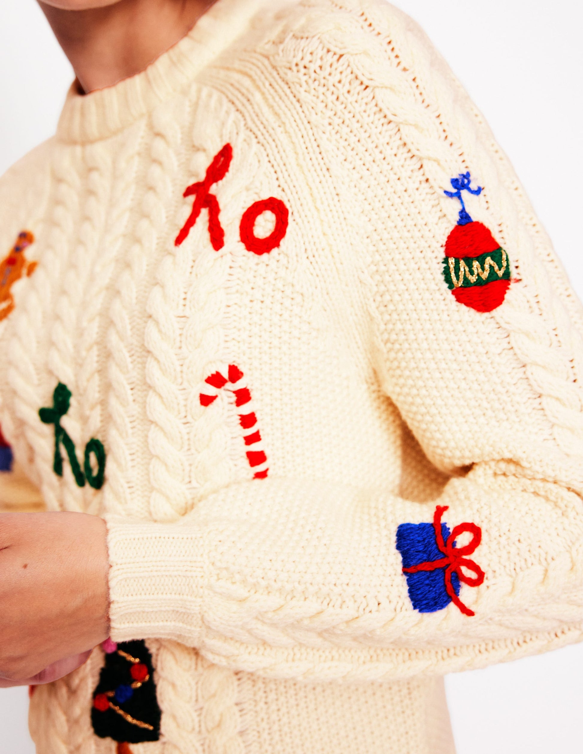 Klassischer Pullover mit Zopfmuster-Warmes Naturweiß, Ho Ho Ho-2