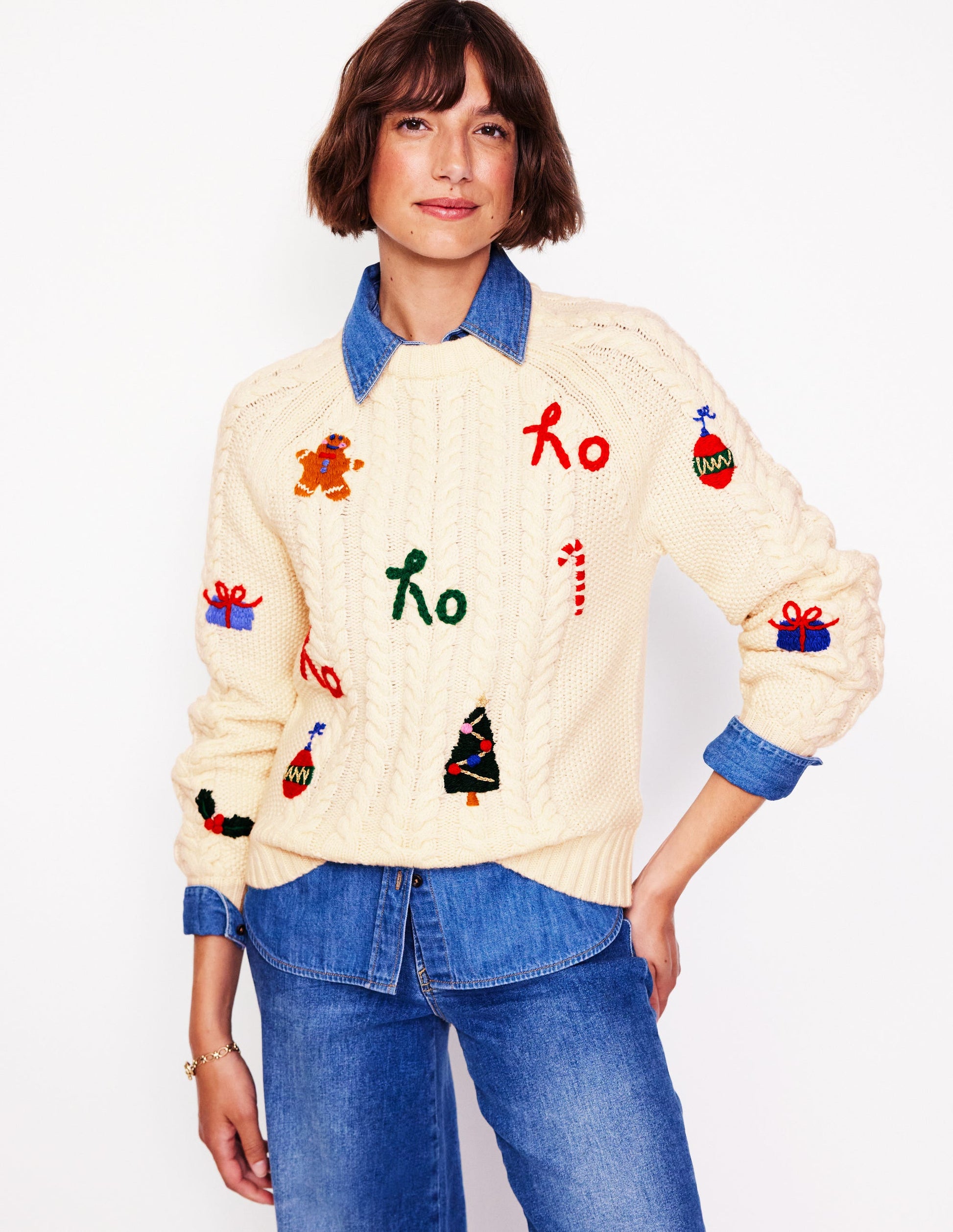 Klassischer Pullover mit Zopfmuster-Warmes Naturweiß, Ho Ho Ho-4