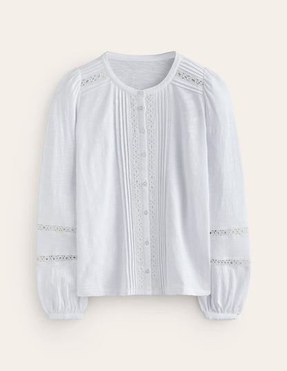 Marina Embroidered Shirt-White, Lace Trim