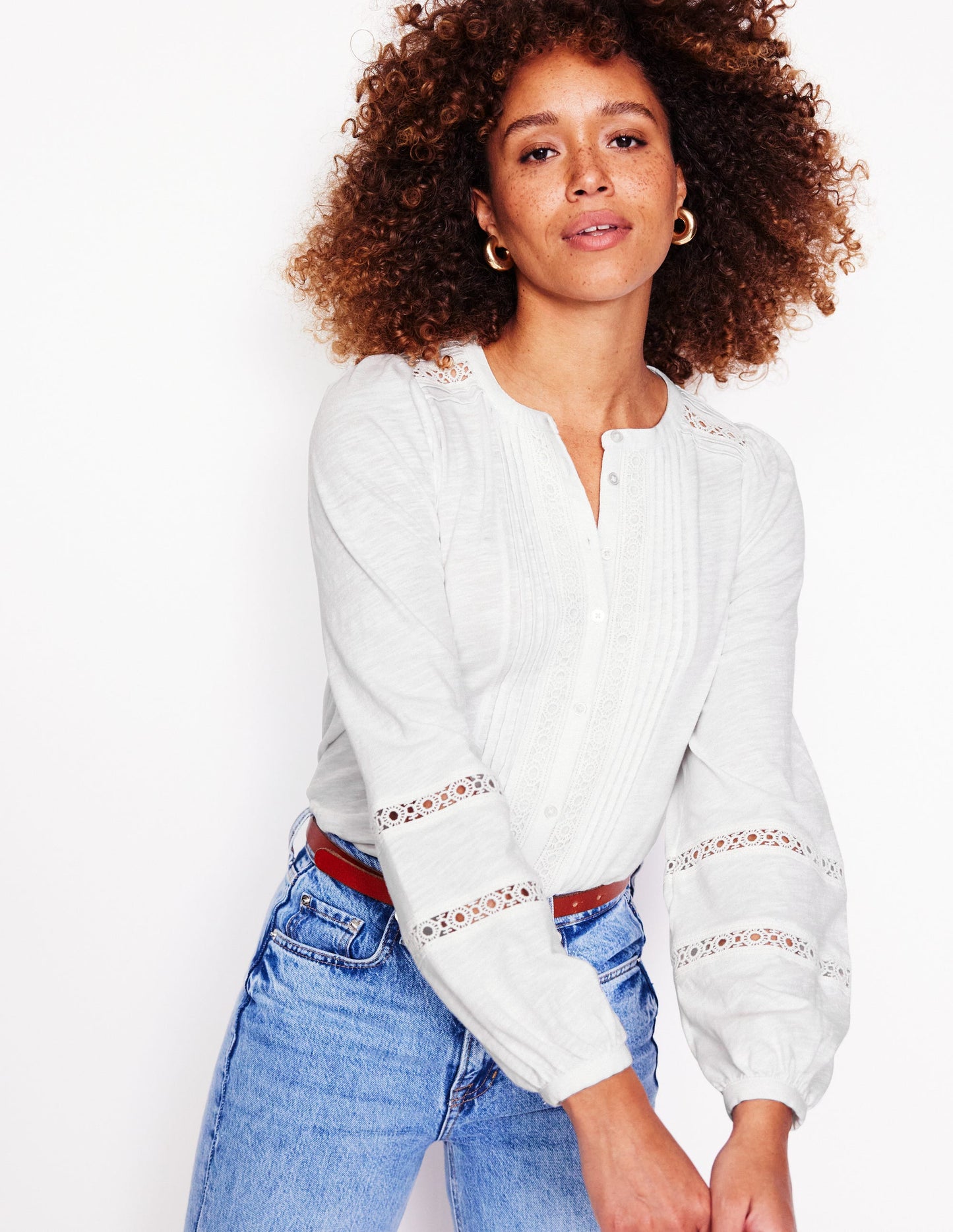 Marina Embroidered Shirt-White, Lace Trim