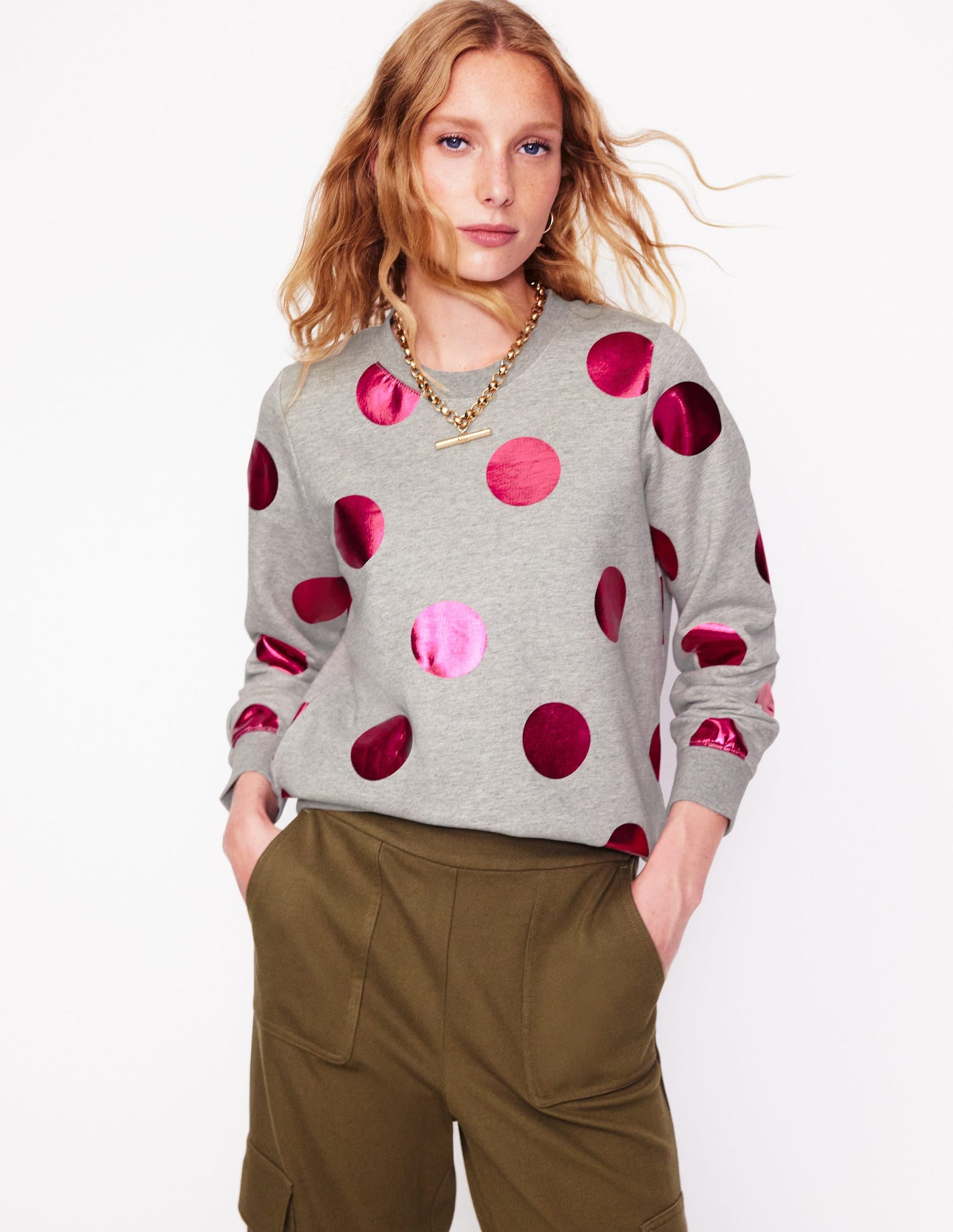 Hannah Sweatshirt mit Print-Grau Meliert, Rosa Punkt