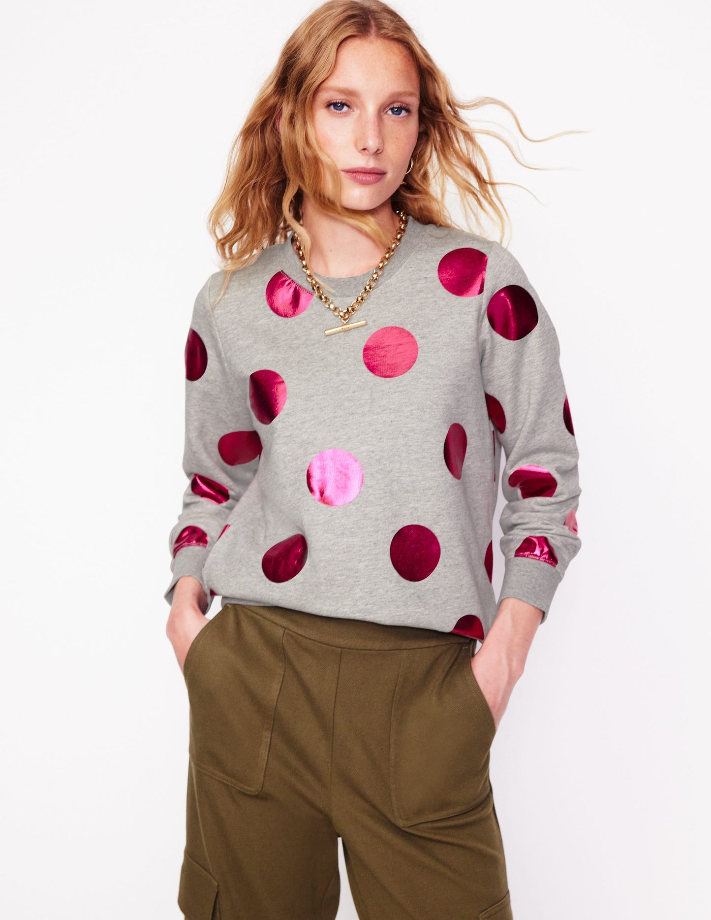 Hannah Printed Sweatshirt-Grey Marl, Pink Spot