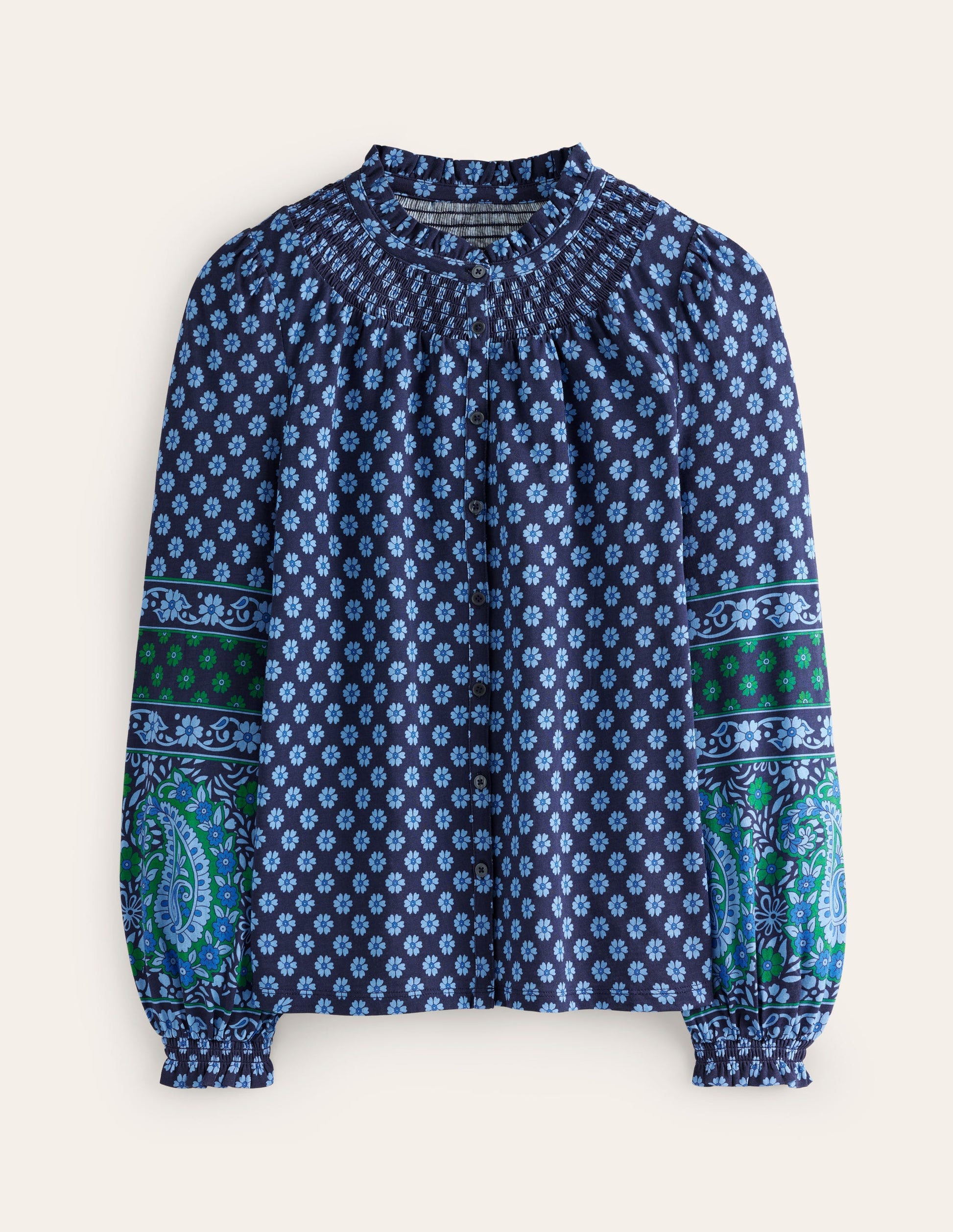 Chemise Fay smockée en jersey-Bleu aube, motif Paisley Posy-5
