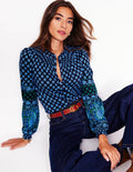 Chemise Fay smockée en jersey-Bleu aube, motif Paisley Posy