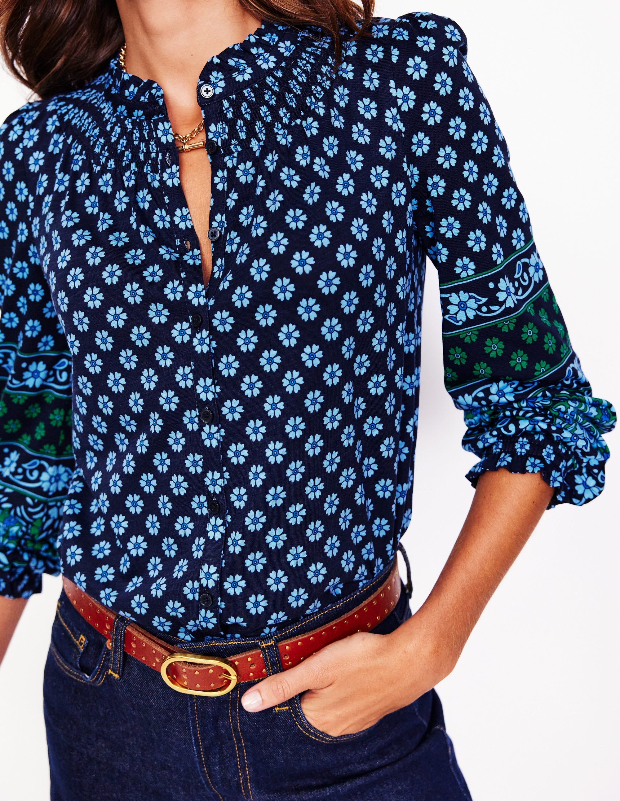Chemise Fay smockée en jersey-Bleu aube, motif Paisley Posy - Image 2