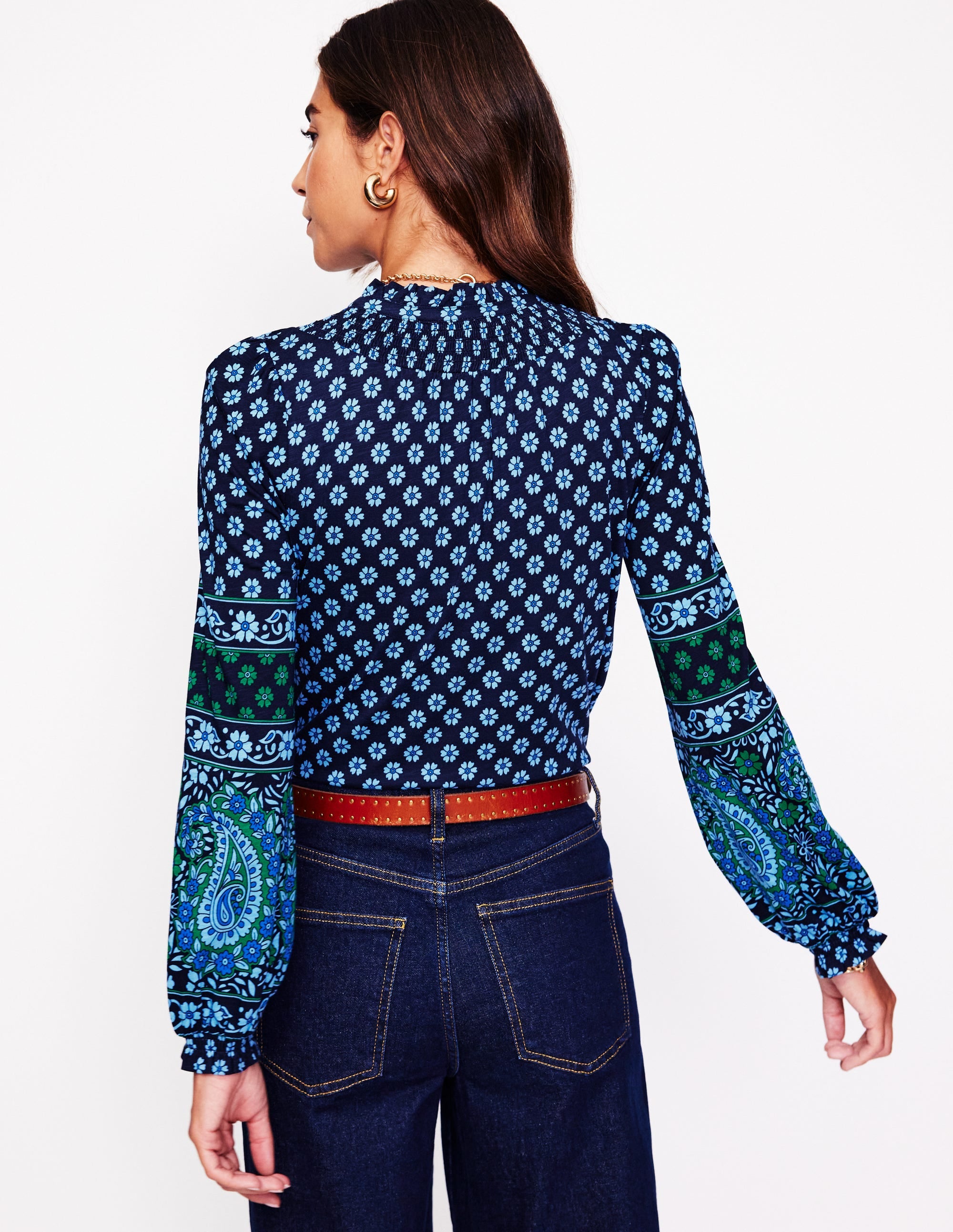 Chemise Fay smockée en jersey-Bleu aube, motif Paisley Posy - Image 3