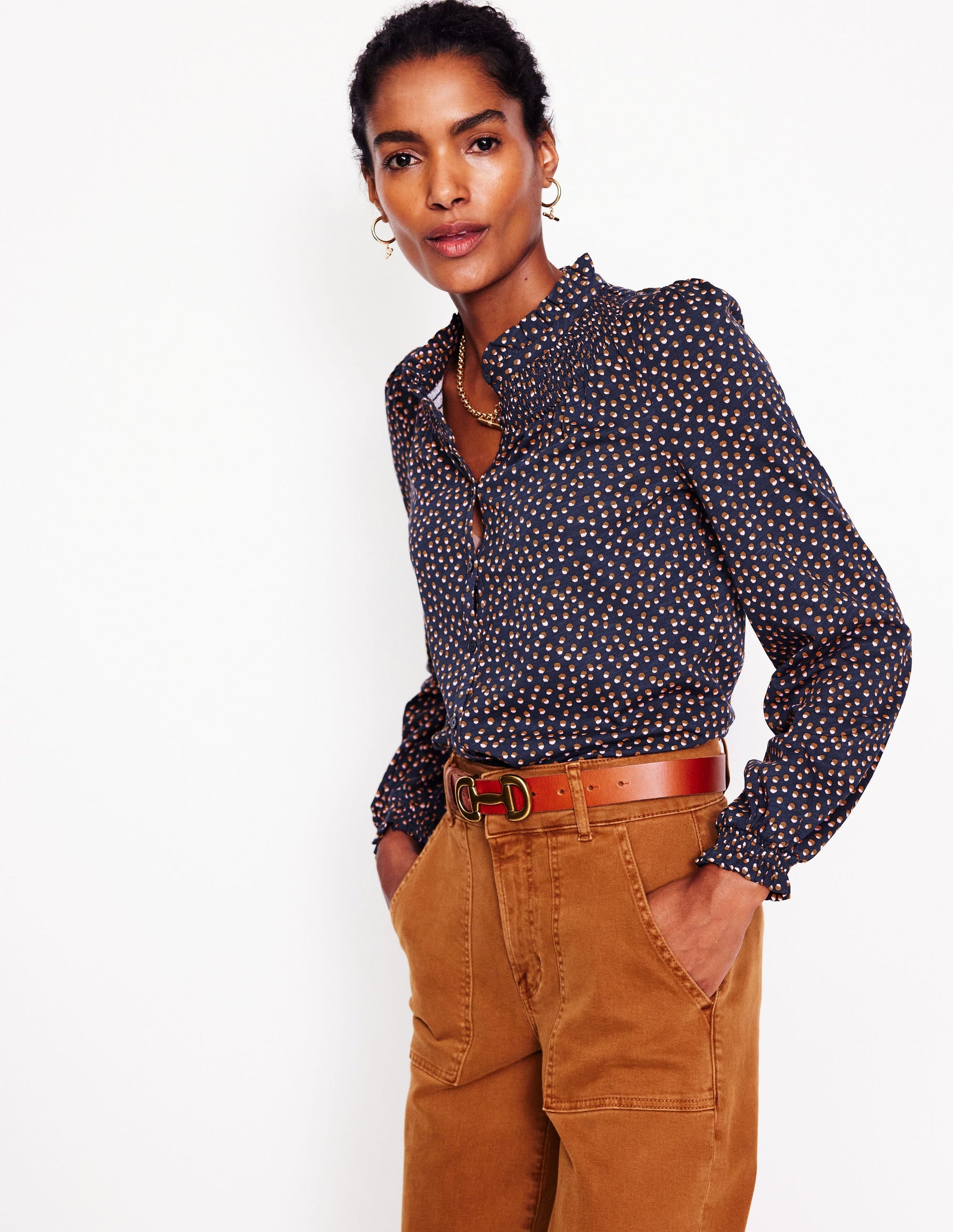 Fay Smocked Jersey Shirt-Navy, Pome Spot-1