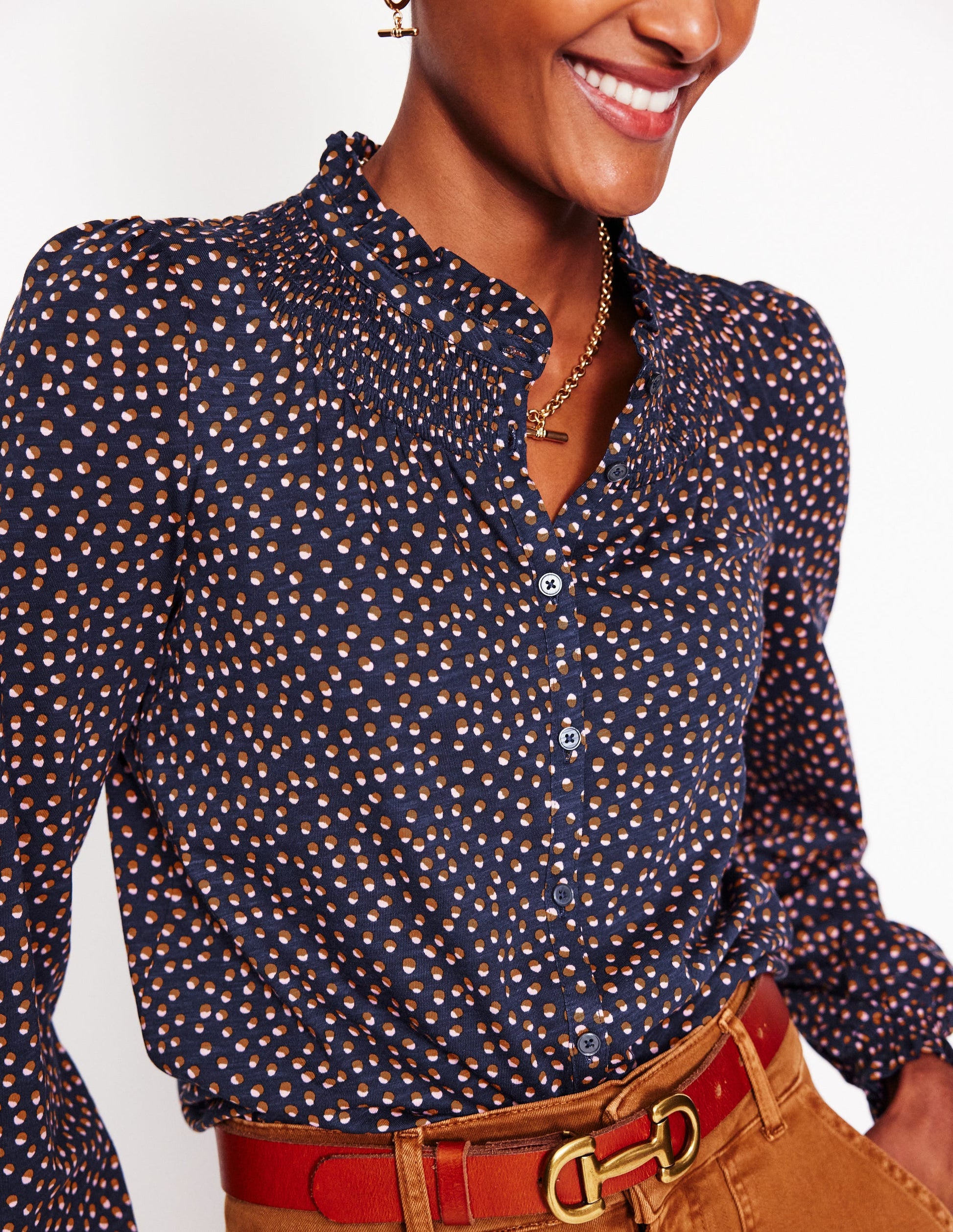 Fay Smocked Jersey Shirt-Navy, Pome Spot-2