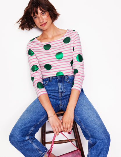 Ella Long Sleeve Breton-Pink, Ivory, Green Spot