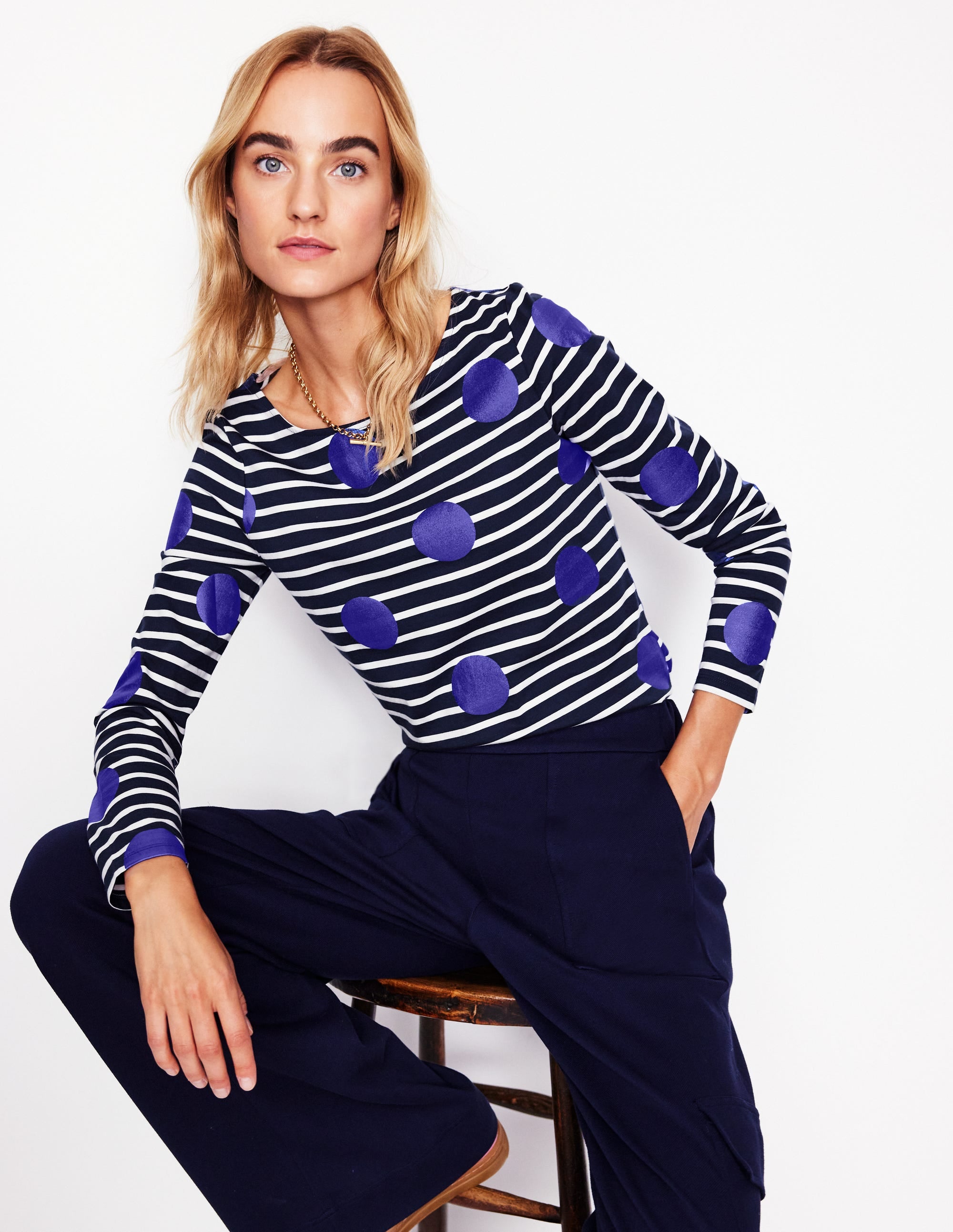 Ella Breton-Shirt mit langen Ärmeln-Marineblau, Naturweiß, Blaue Punkte - Image 1