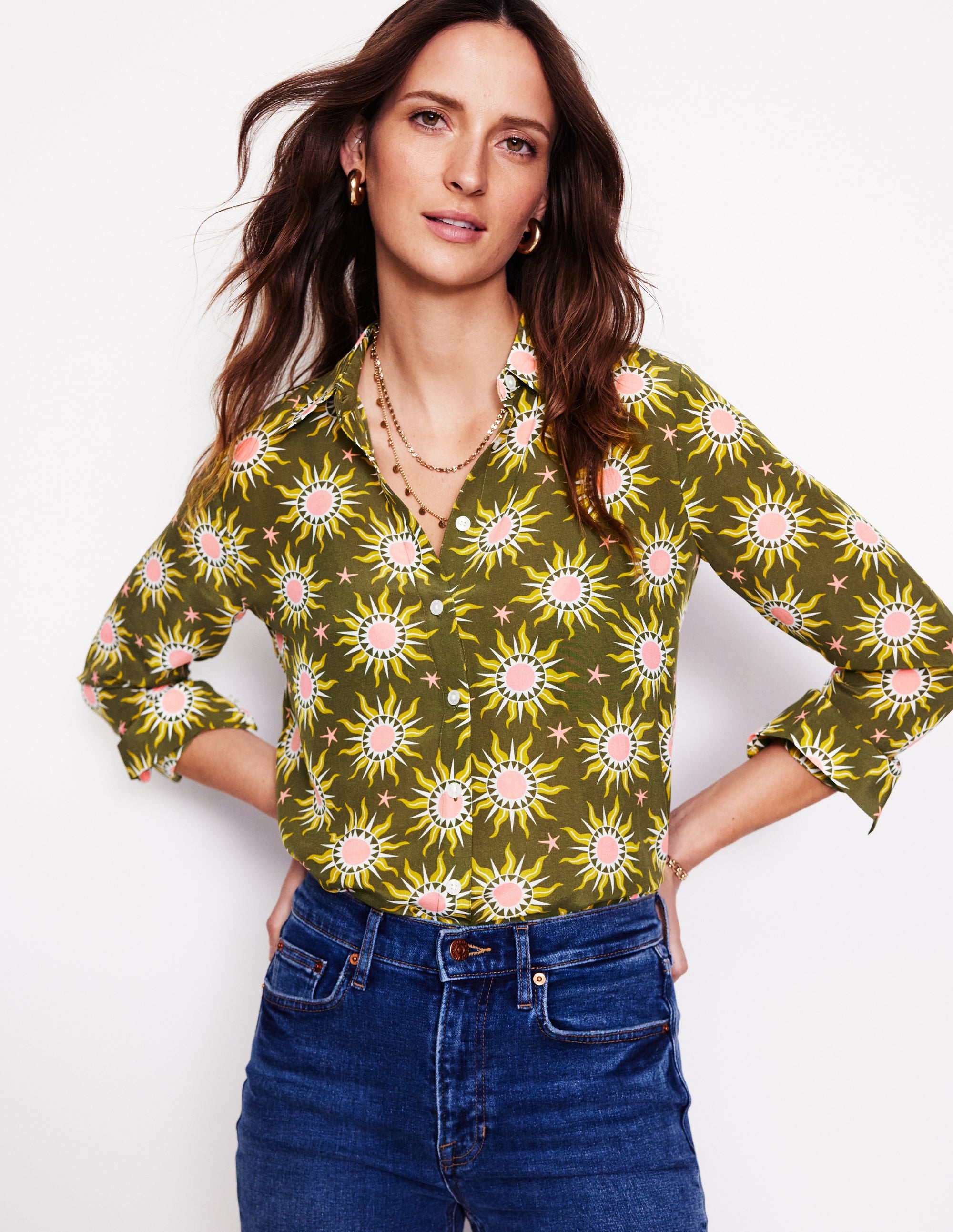 Chemise Sienna en soie-Vert des bois, motif Celestial - Image 1