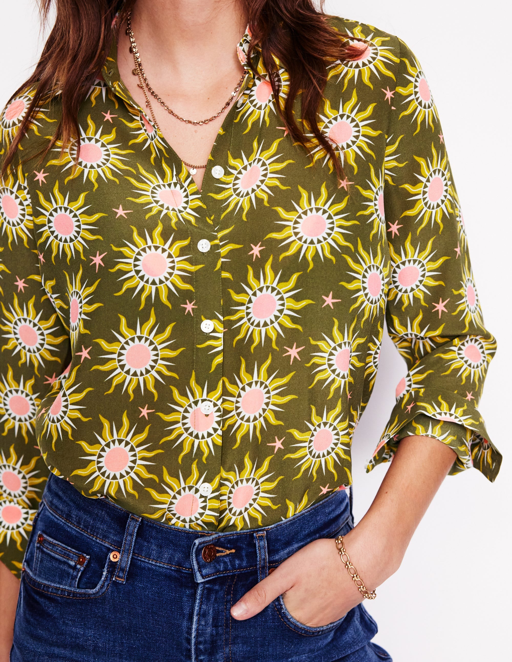 Chemise Sienna en soie-Vert des bois, motif Celestial - Image 2
