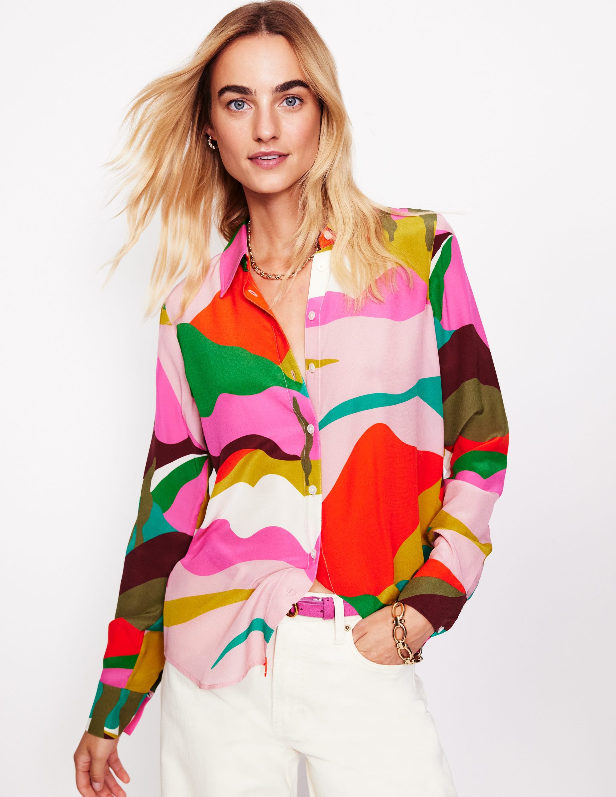 Chemise Sienna en soie-Multi, motif Scenic Fall - Image 1