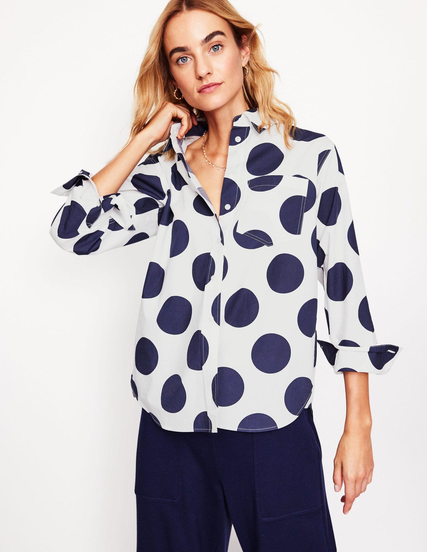 Connie Relaxed Cotton Shirt-French Navy, Orderly Spot