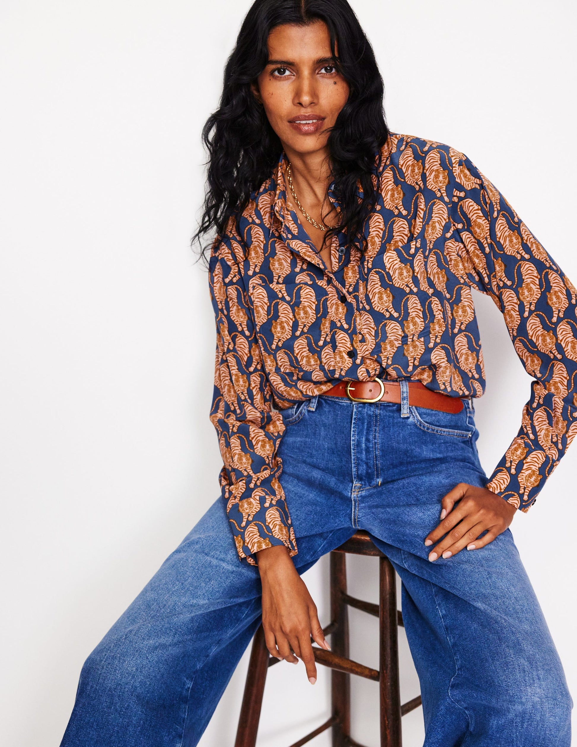 Chemise décontractée Connie en soie-Bleu denim, tigre-1