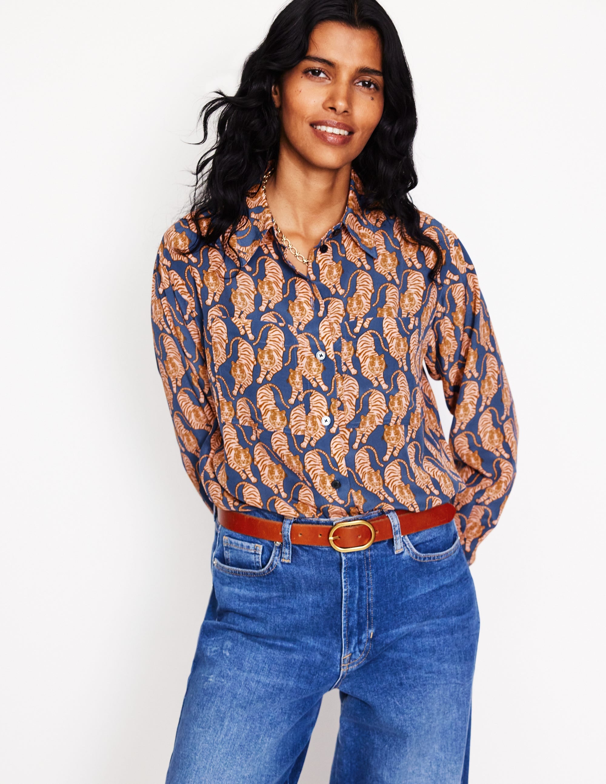 Chemise décontractée Connie en soie-Bleu denim, tigre - Image 4