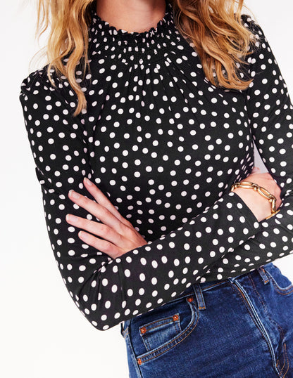 Smocked Neck Printed Top-Black, Milkshake Spot