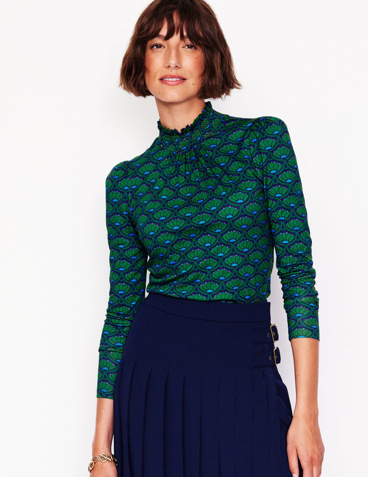 Smocked Neck Printed Top-Rich Emerald, Lotus Stamp
