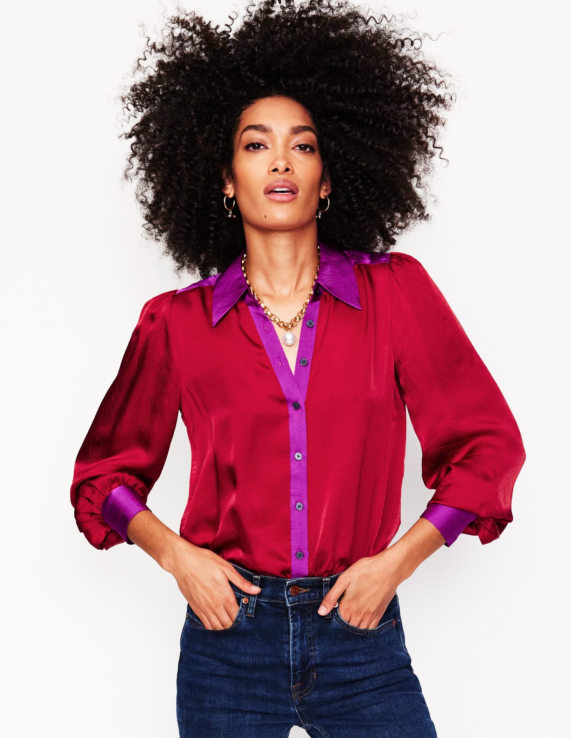Chemise de fête en satin-Colourblock Cabernet - Image 2