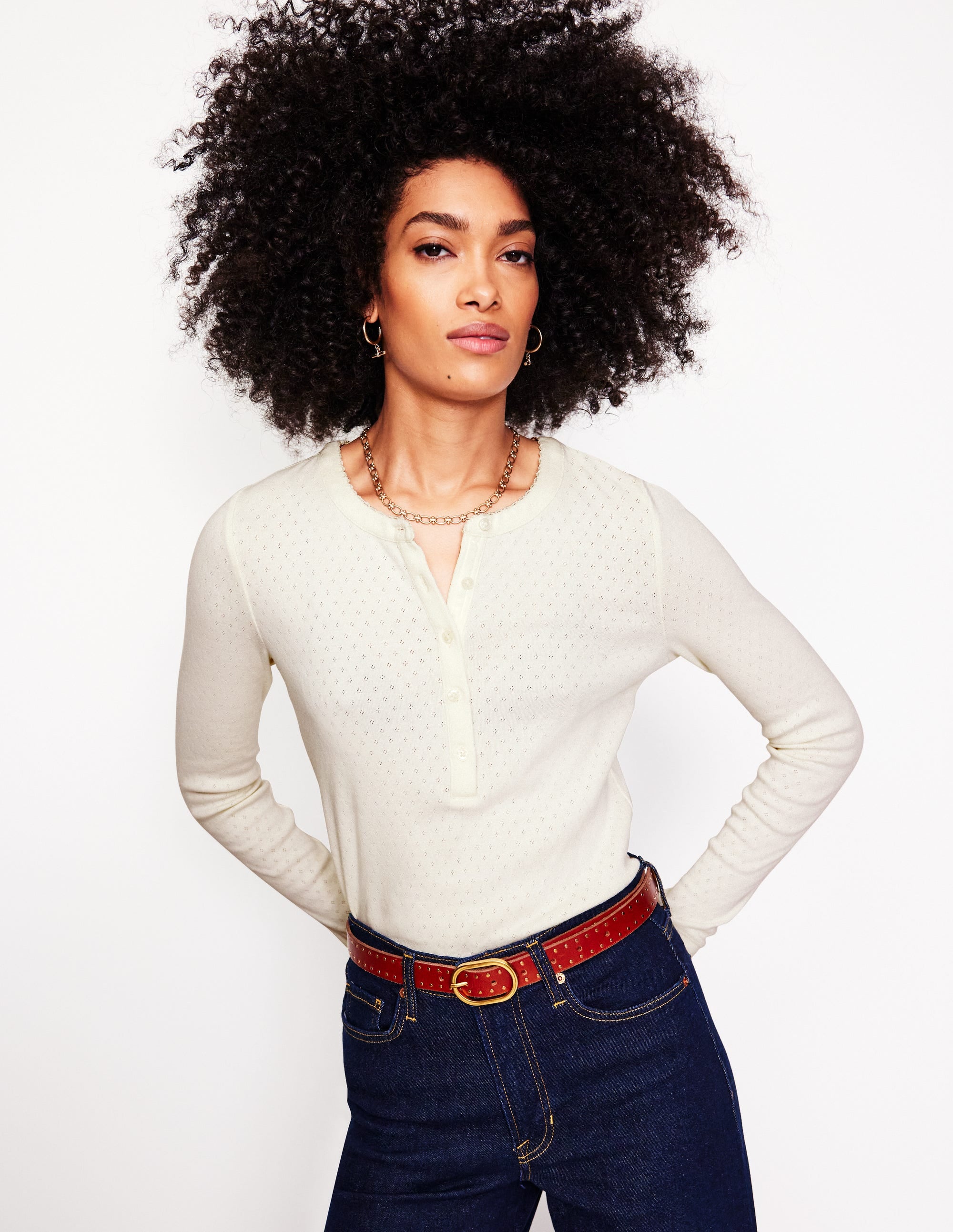 Henley Pointelle-Oberteil-Ivory and Navy Spot - Image 1