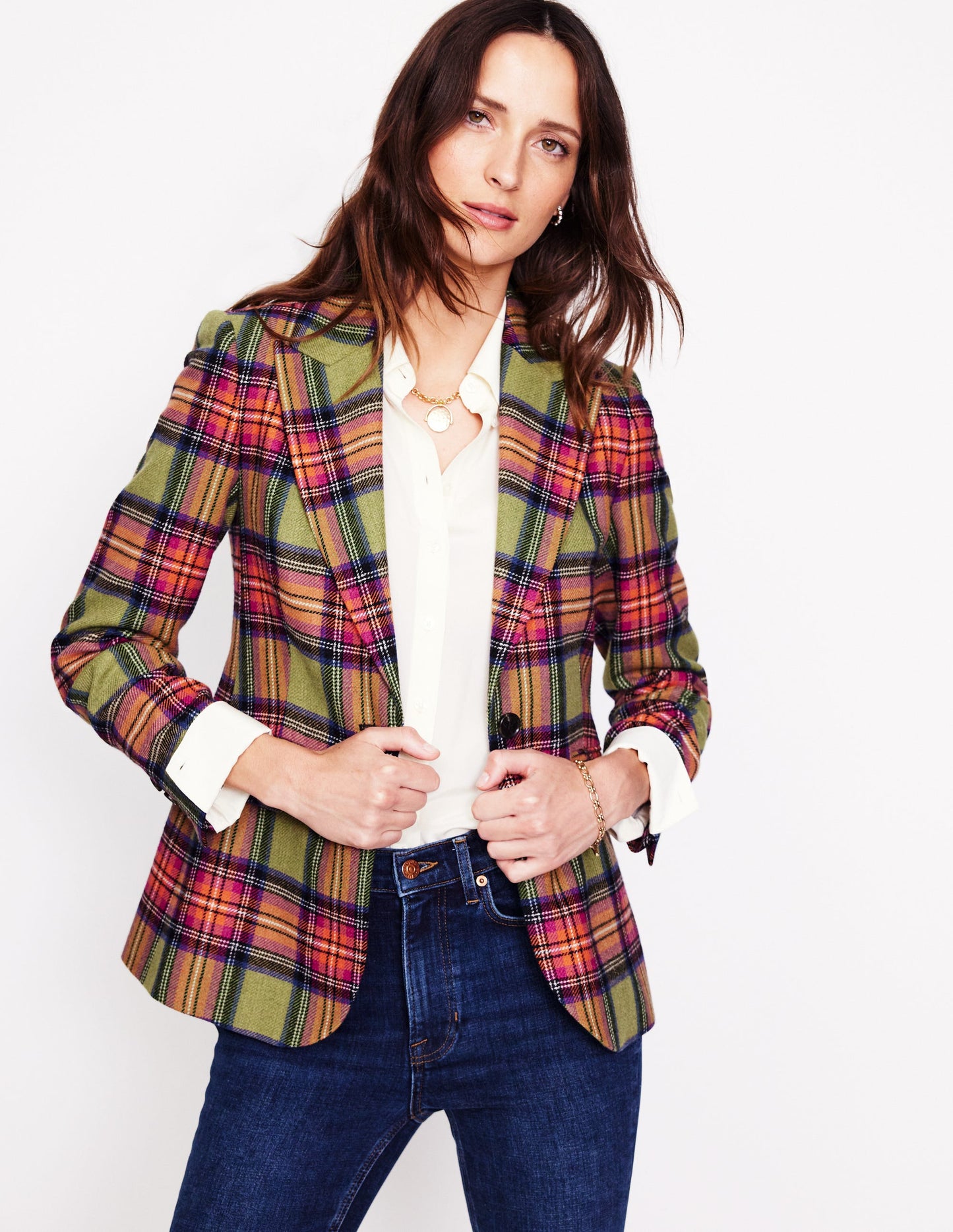 Marylebone Blazer aus Wollmischgewebe-Grün und Lila kariert