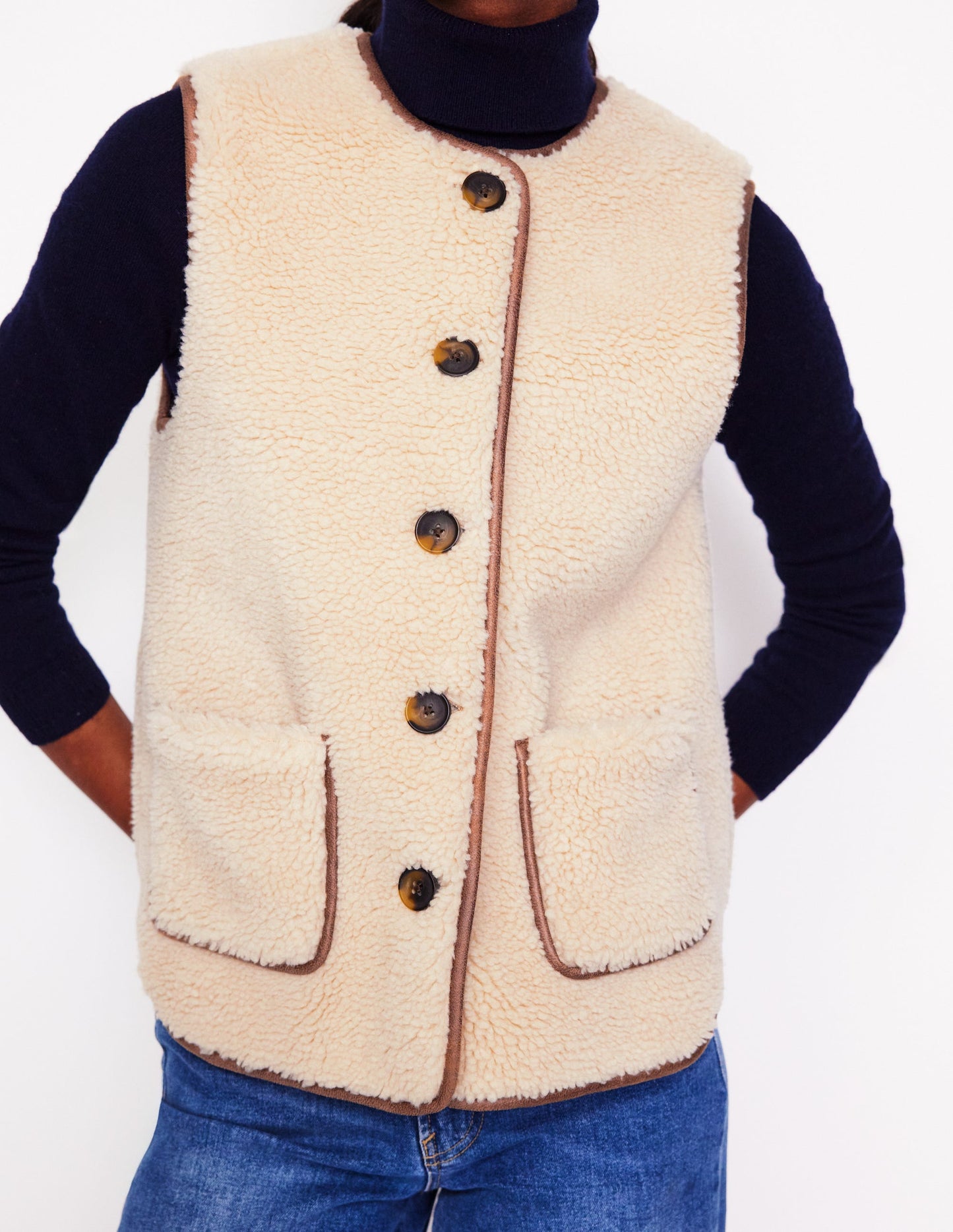 Clerkenwell Borg Button Gilet-Natural Faux Fur