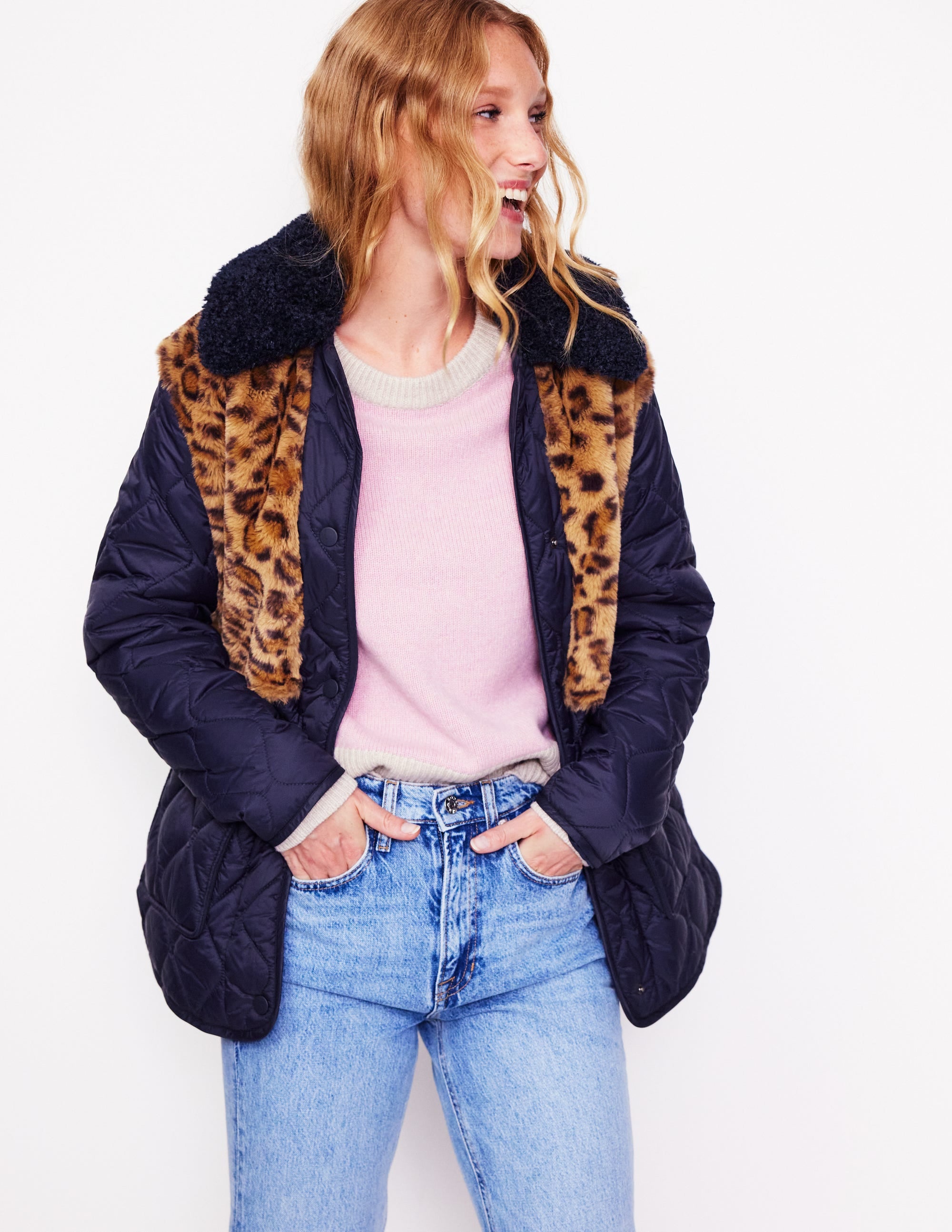 Chester Steppmantel mit Teddyfell-Marineblau, Leopard - Image 1