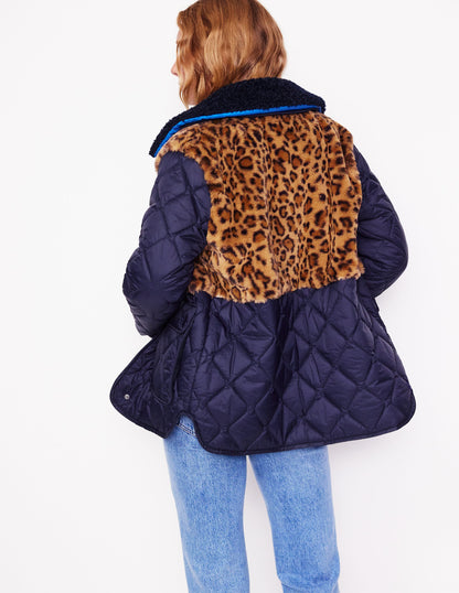 Chester Quilted Borg Coat-Navy, Leopard