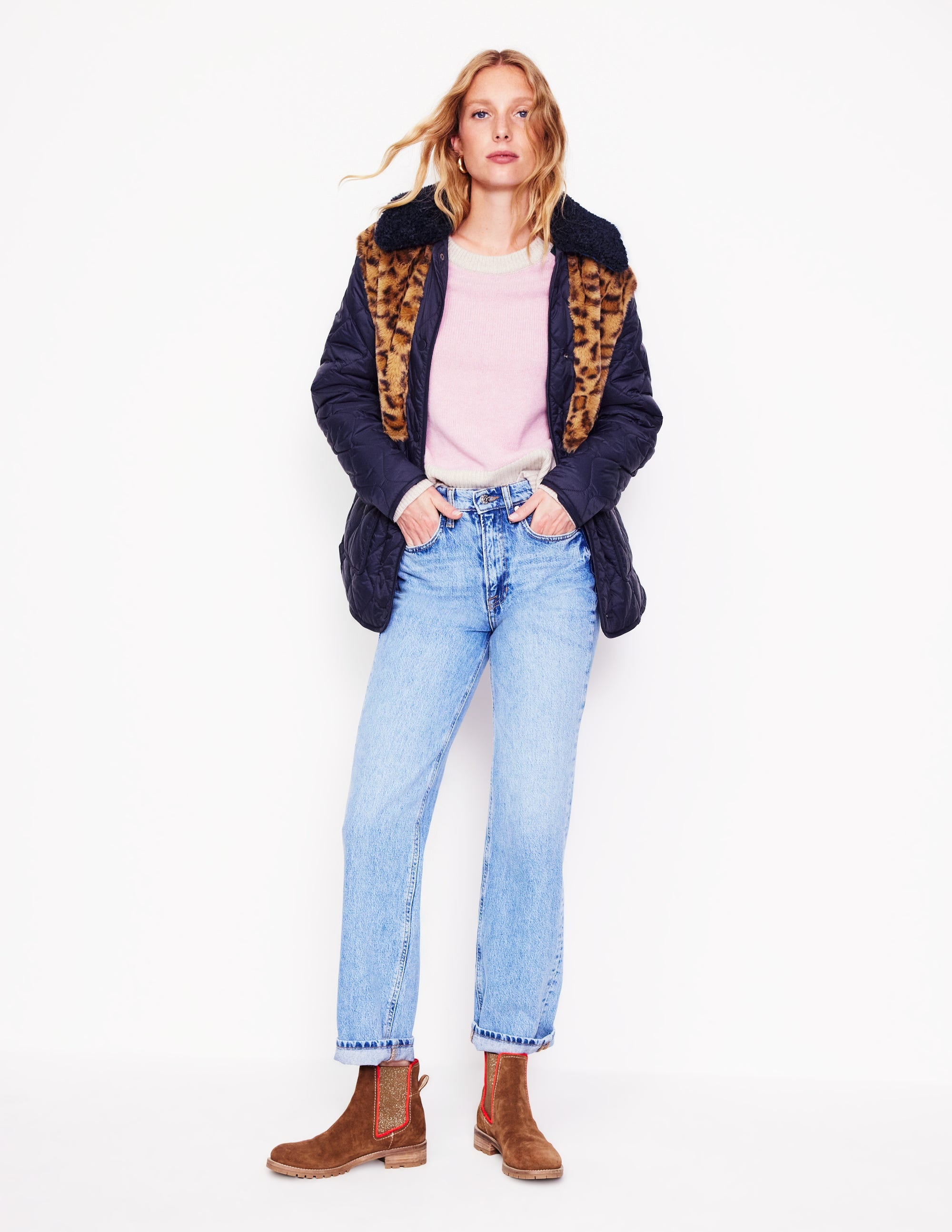 Chester Steppmantel mit Teddyfell-Marineblau, Leopard - Image 4