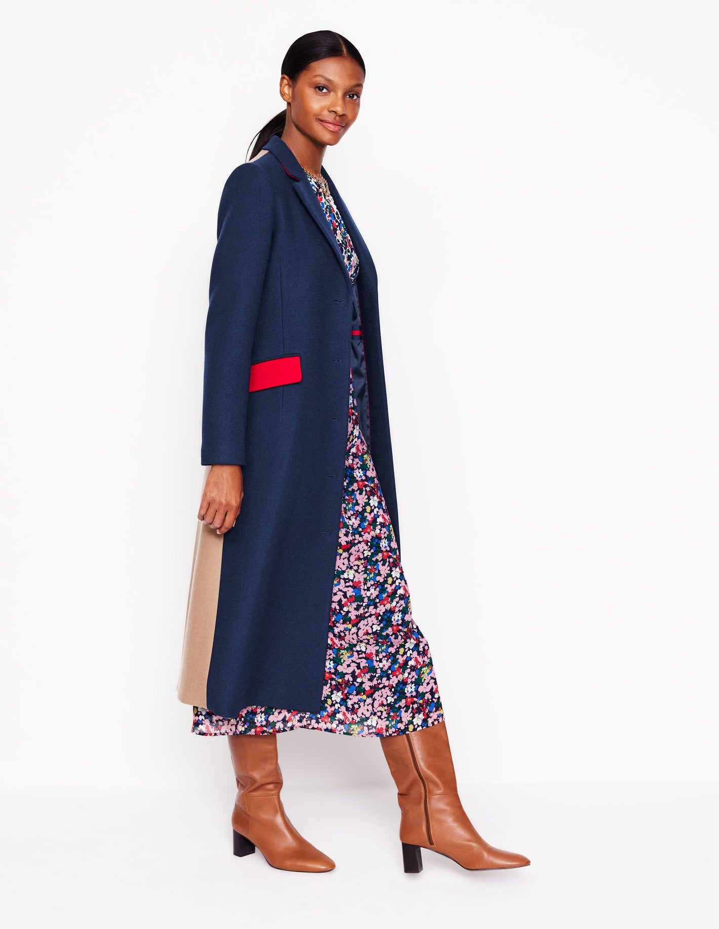 Colourblock Midi Coat-Navy, Multi