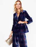 Blazer fluide en velours-Carreaux bleu marine et rouge