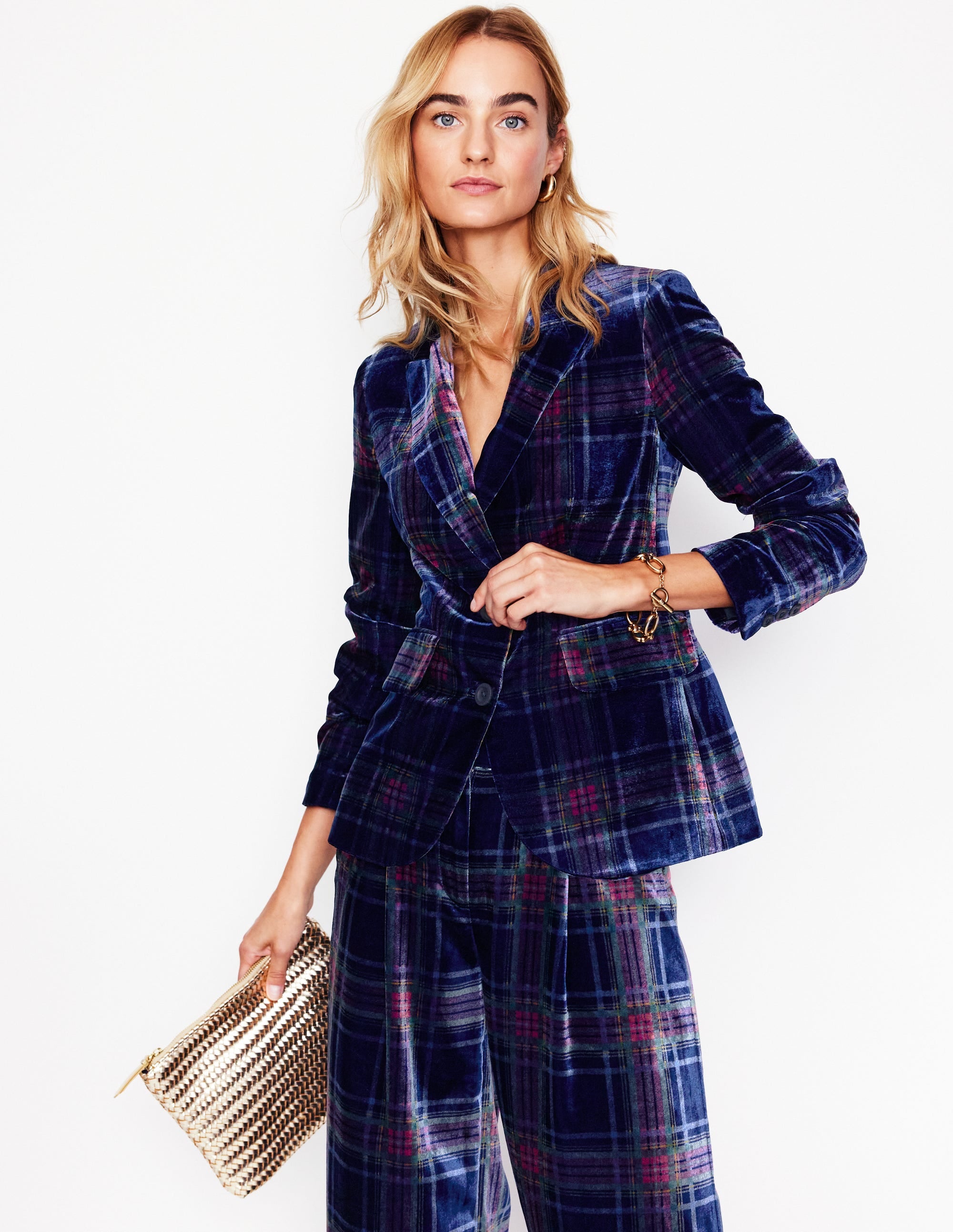 Blazer fluide en velours-Carreaux bleu marine et rouge - Image 1