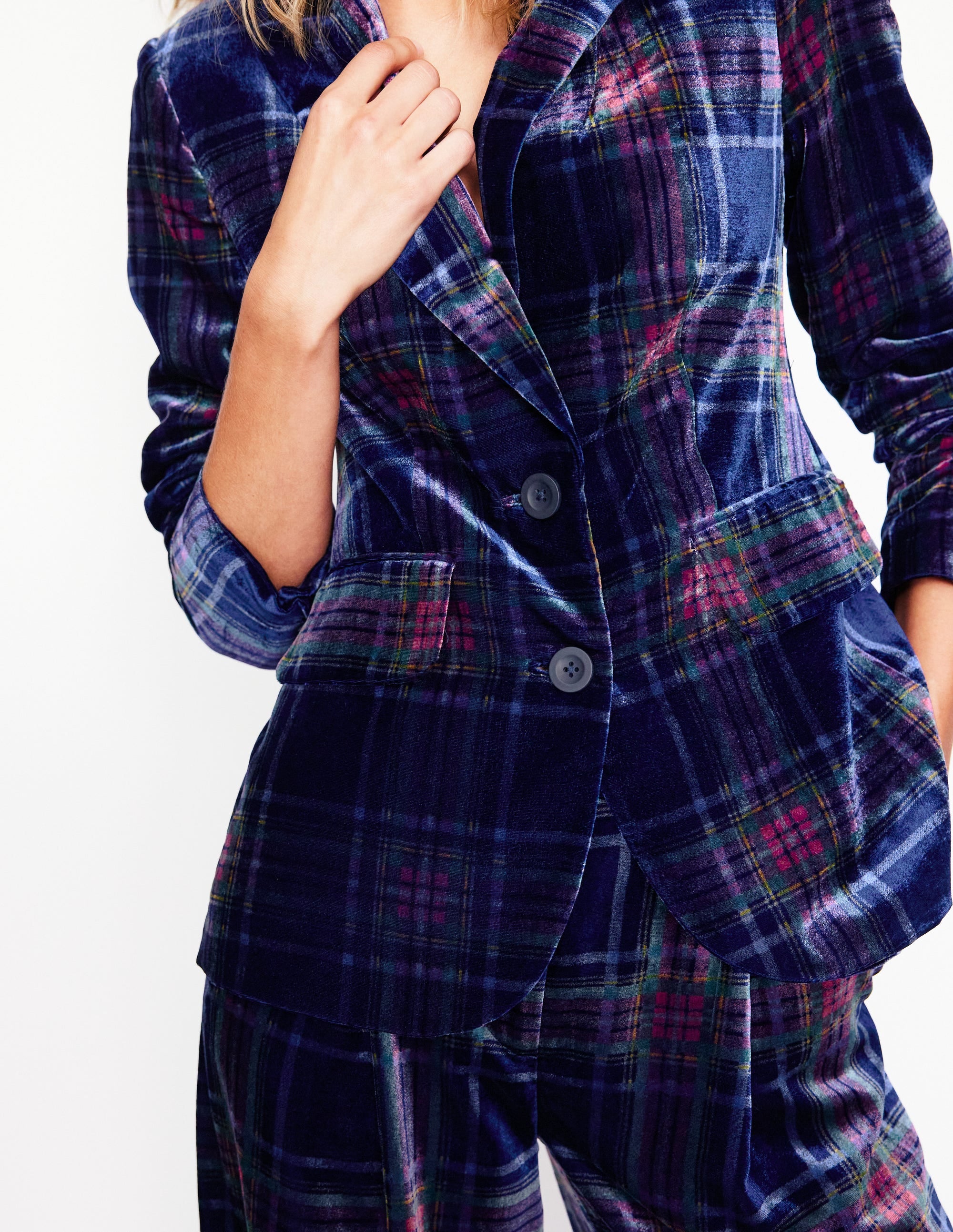 Blazer fluide en velours-Carreaux bleu marine et rouge - Image 2
