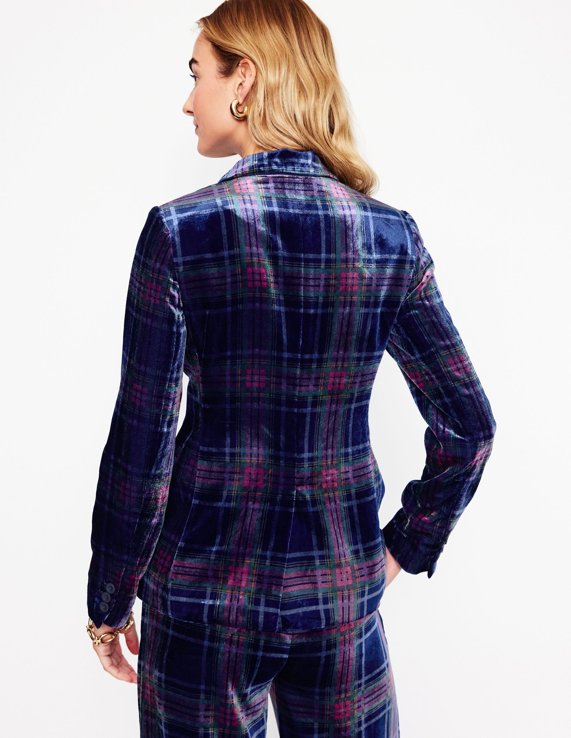 Blazer fluide en velours-Carreaux bleu marine et rouge - Image 3