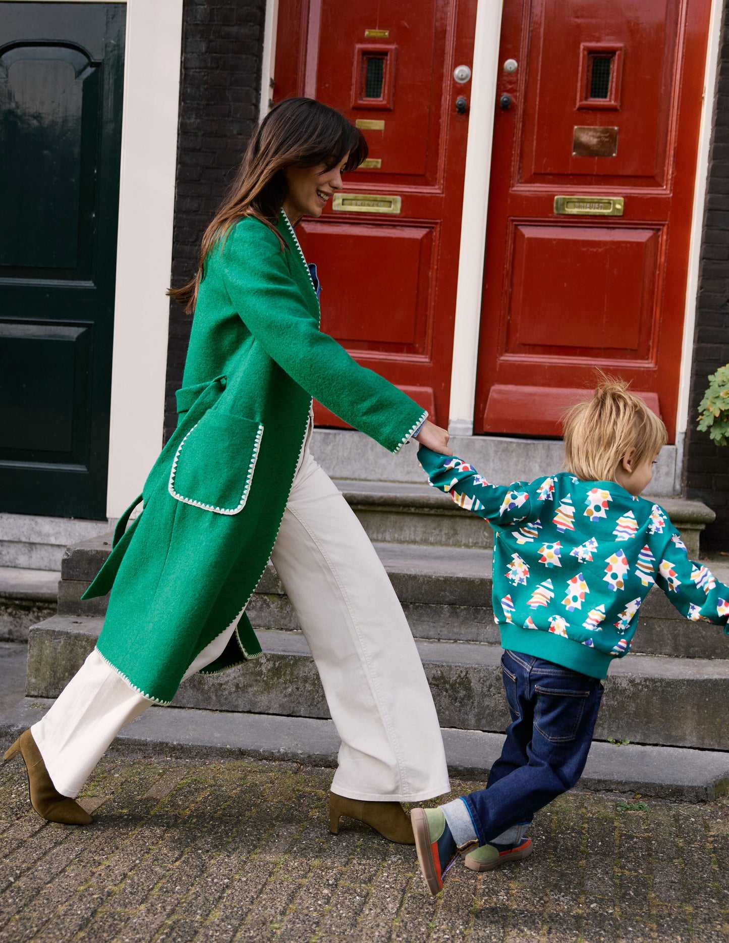 Blanket Stitch Wrap Coat-Alpine Green