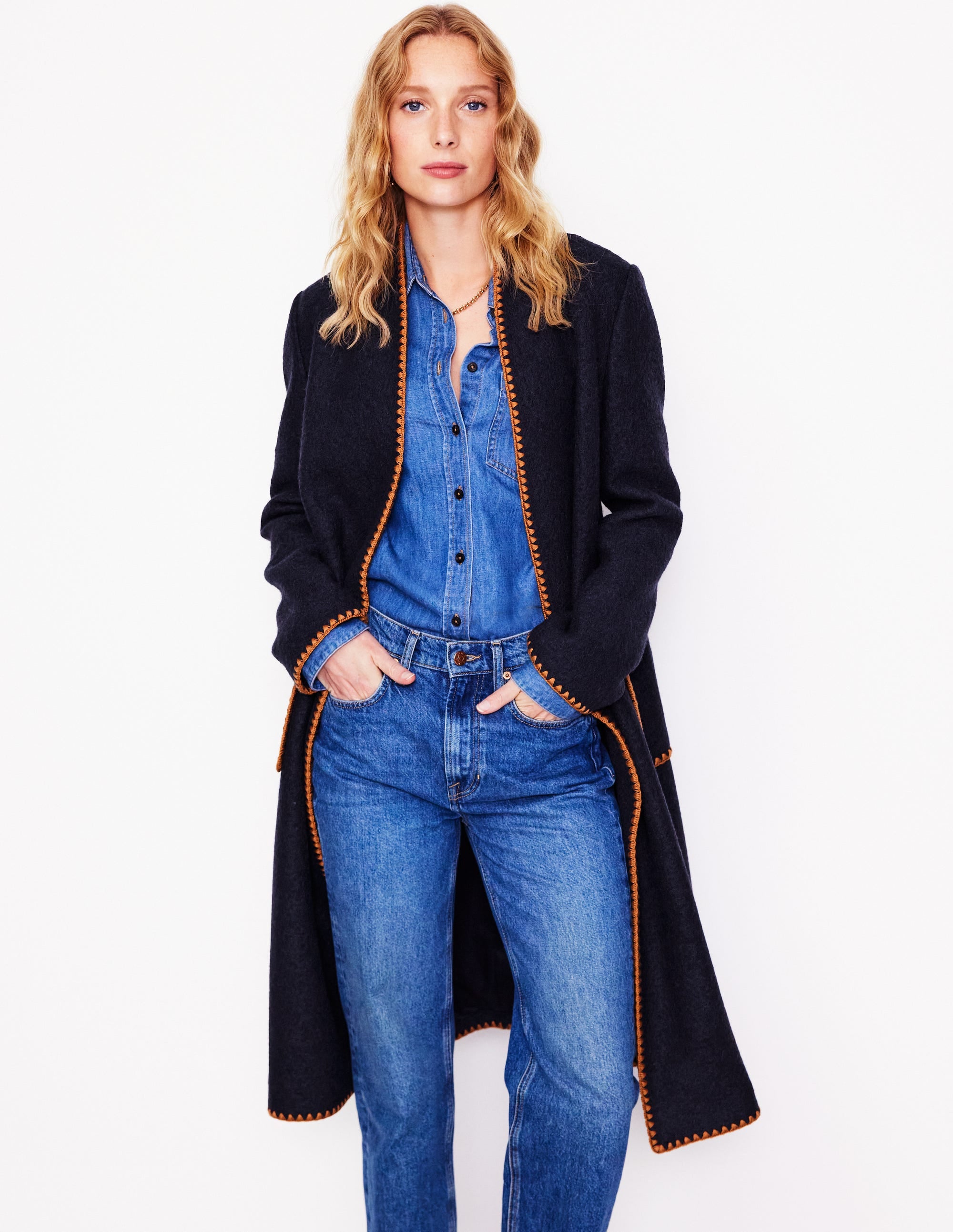 Manteau drapé à point de feston-Bleu Marine, Petits Pois - Image 1