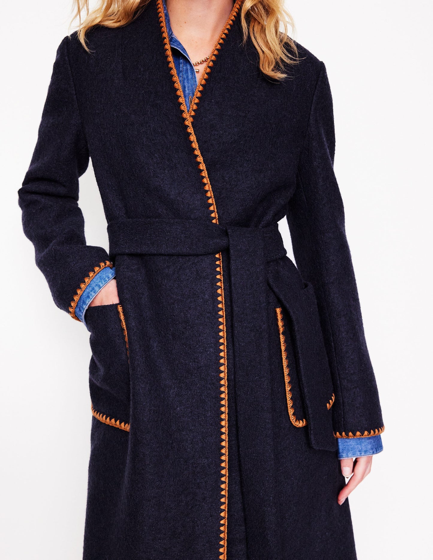 Blanket Stitch Wrap Coat-Navy