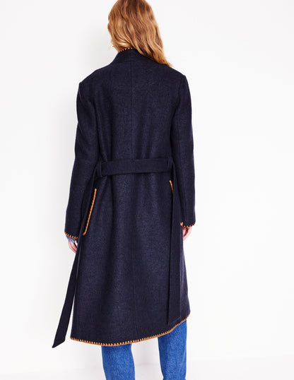 Blanket Stitch Wrap Coat-Navy