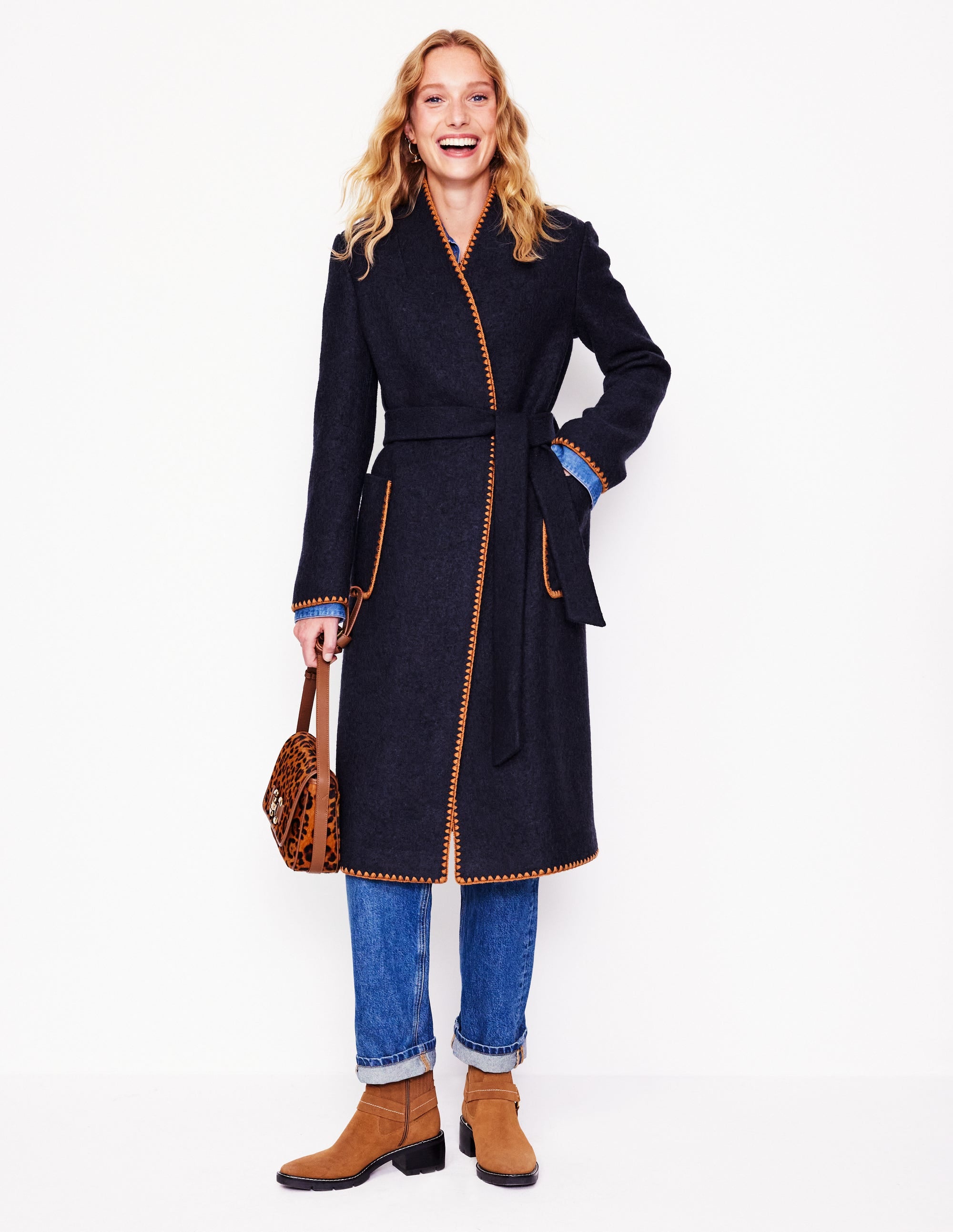 Manteau drapé à point de feston-Bleu Marine, Petits Pois - Image 4